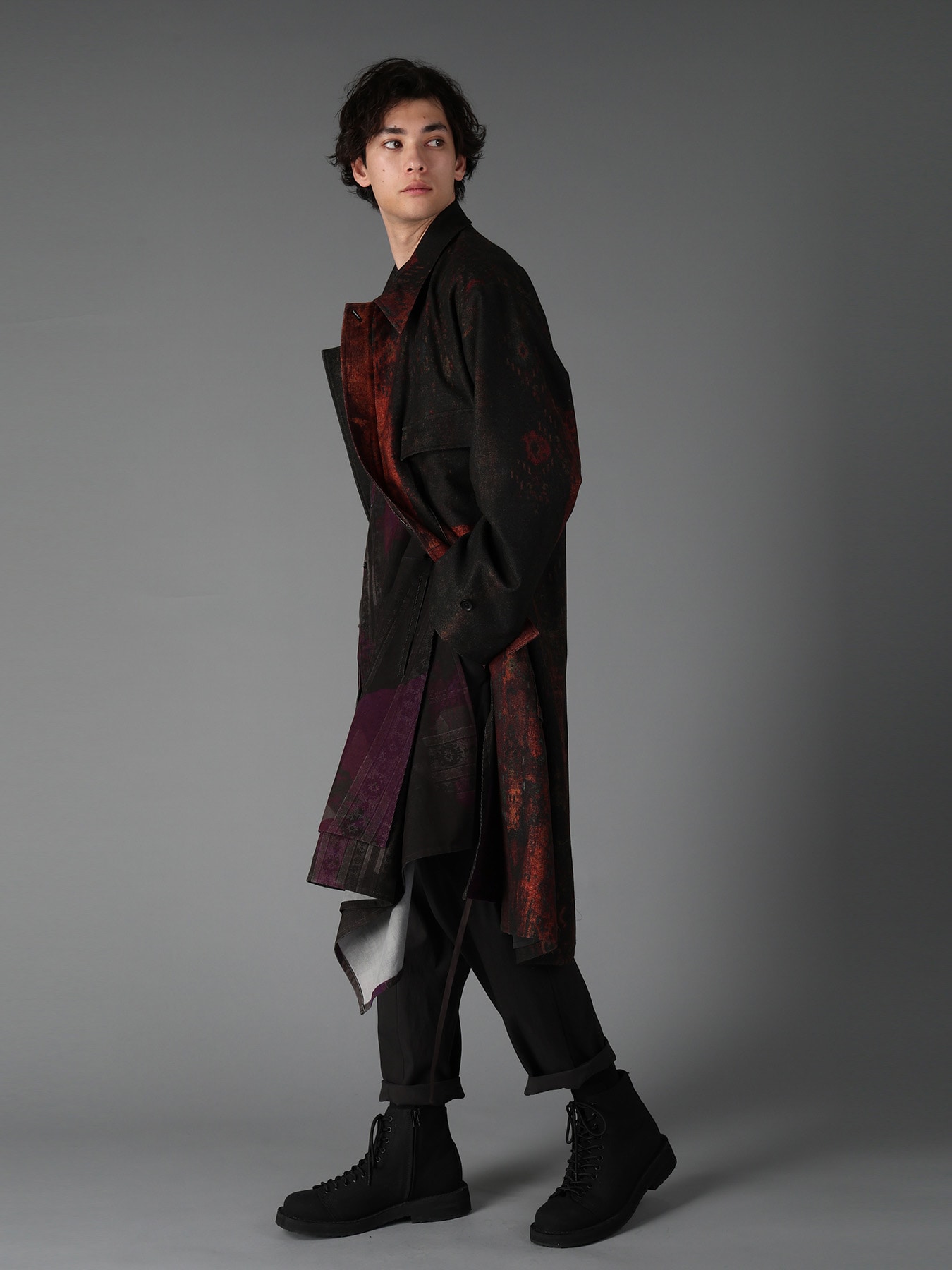 WOOL NYLON FLANNEL RUG PATTERN OUT-POCKET LONG COAT