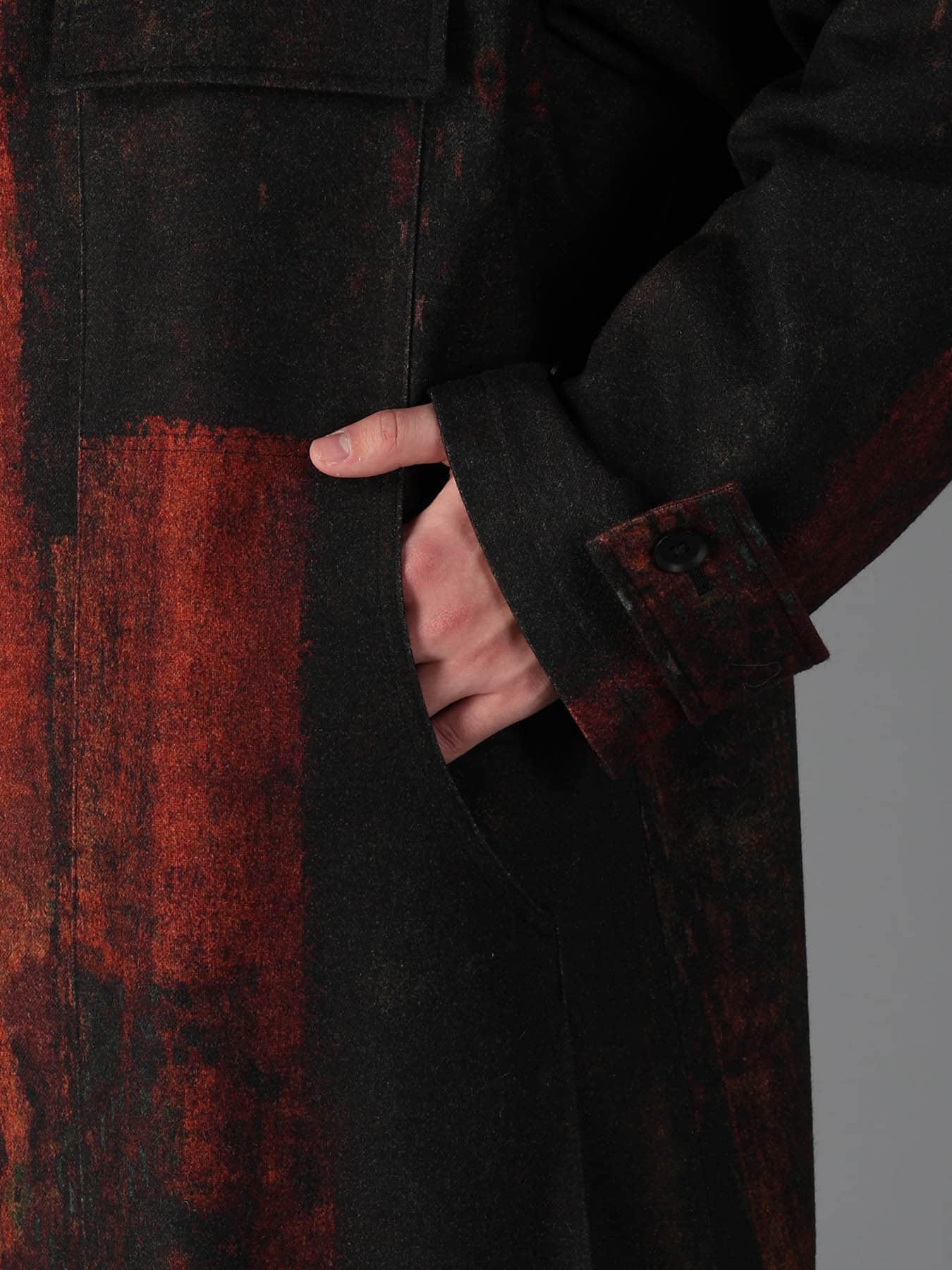 WOOL NYLON FLANNEL RUG PATTERN OUT-POCKET LONG COAT