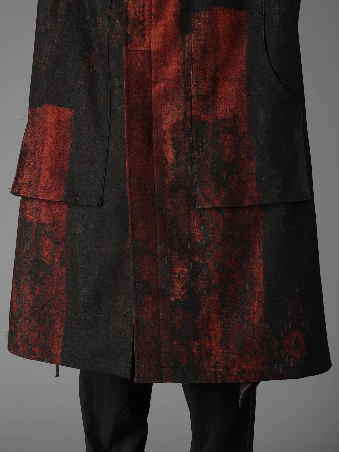 WOOL NYLON FLANNEL RUG PATTERN OUT-POCKET LONG COAT