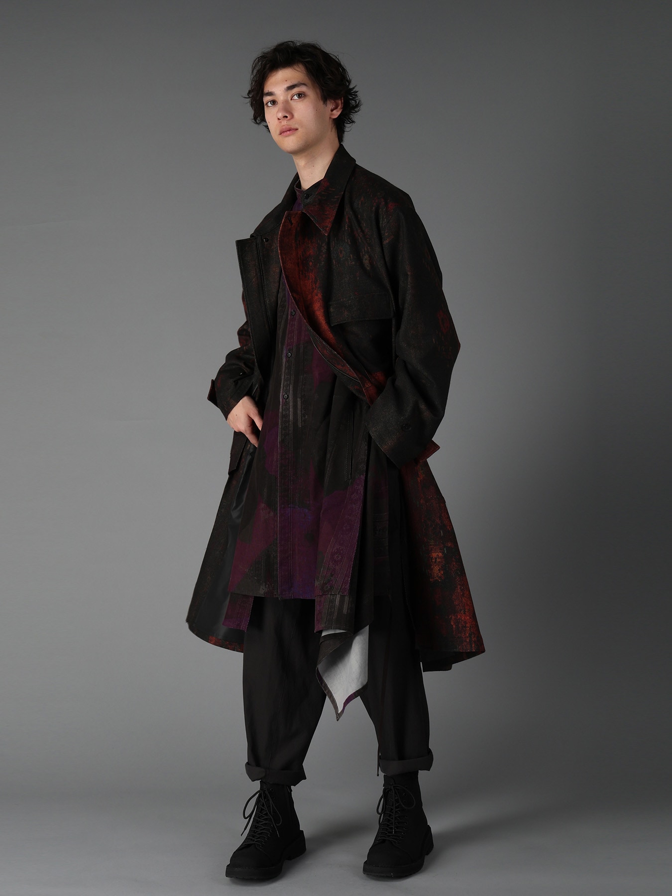 WOOL NYLON FLANNEL RUG PATTERN OUT-POCKET LONG COAT