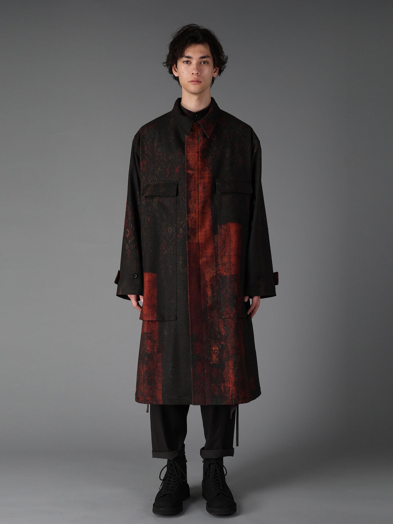 WOOL NYLON FLANNEL RUG PATTERN OUT-POCKET LONG COAT