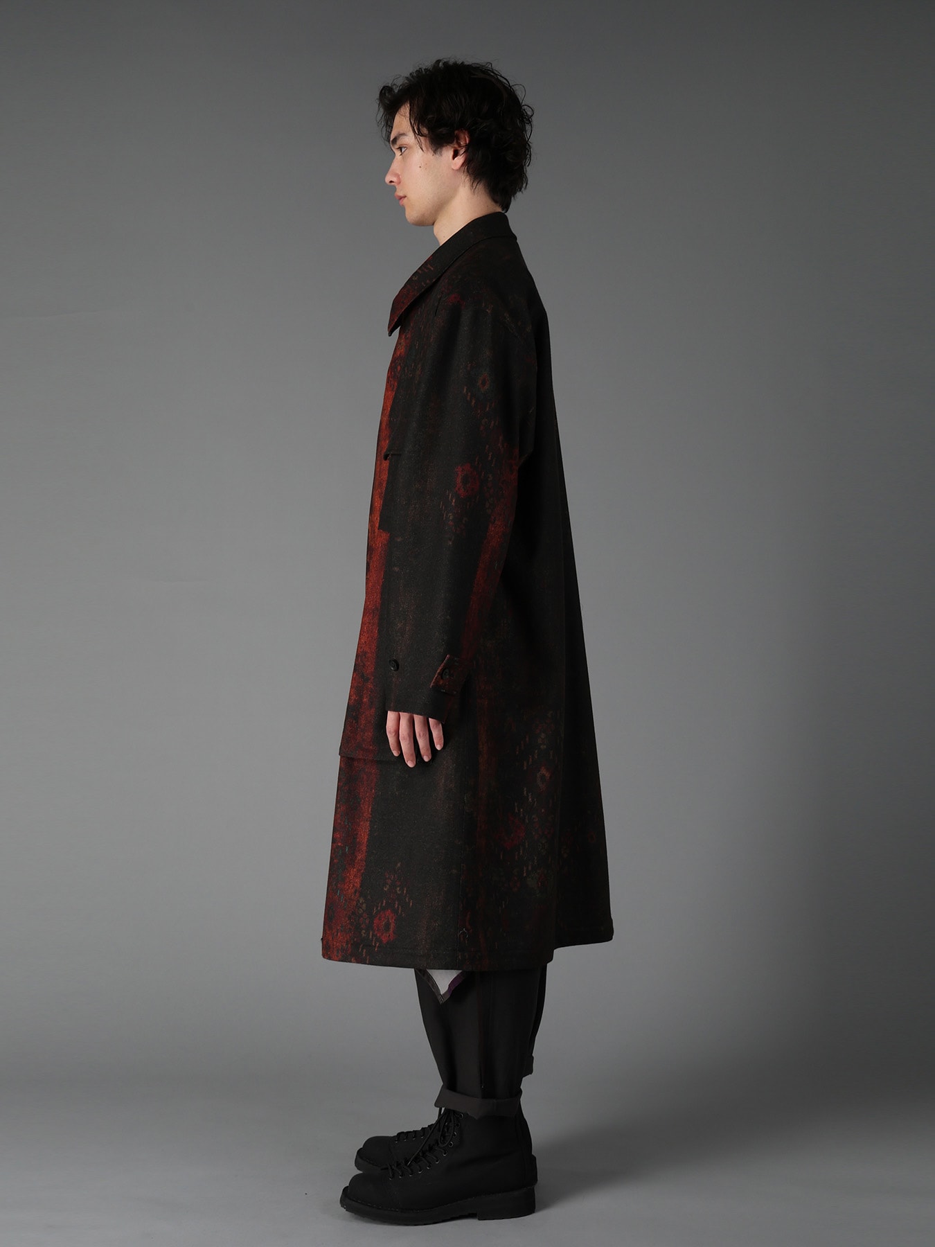WOOL NYLON FLANNEL RUG PATTERN OUT-POCKET LONG COAT