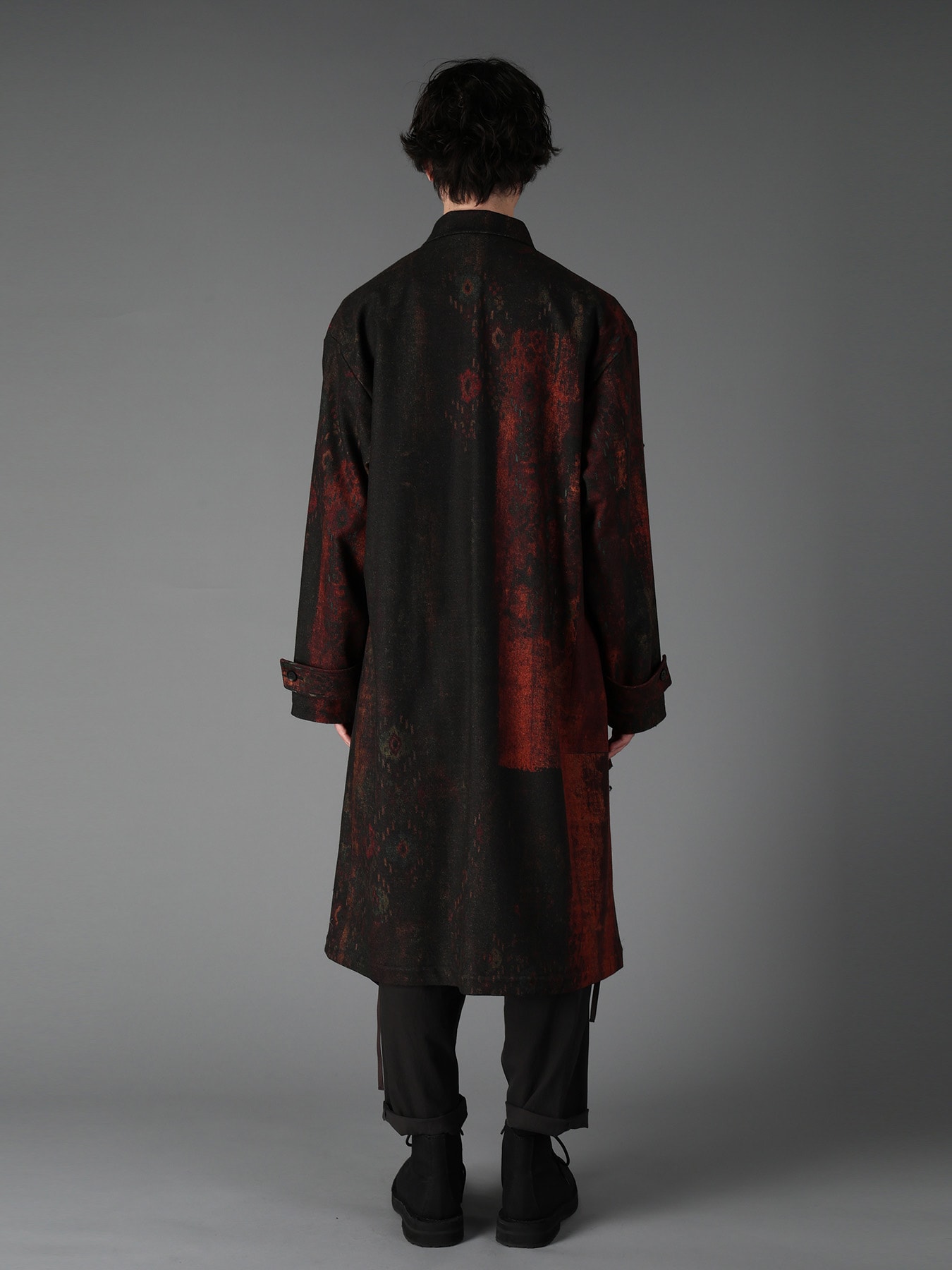 WOOL NYLON FLANNEL RUG PATTERN OUT-POCKET LONG COAT