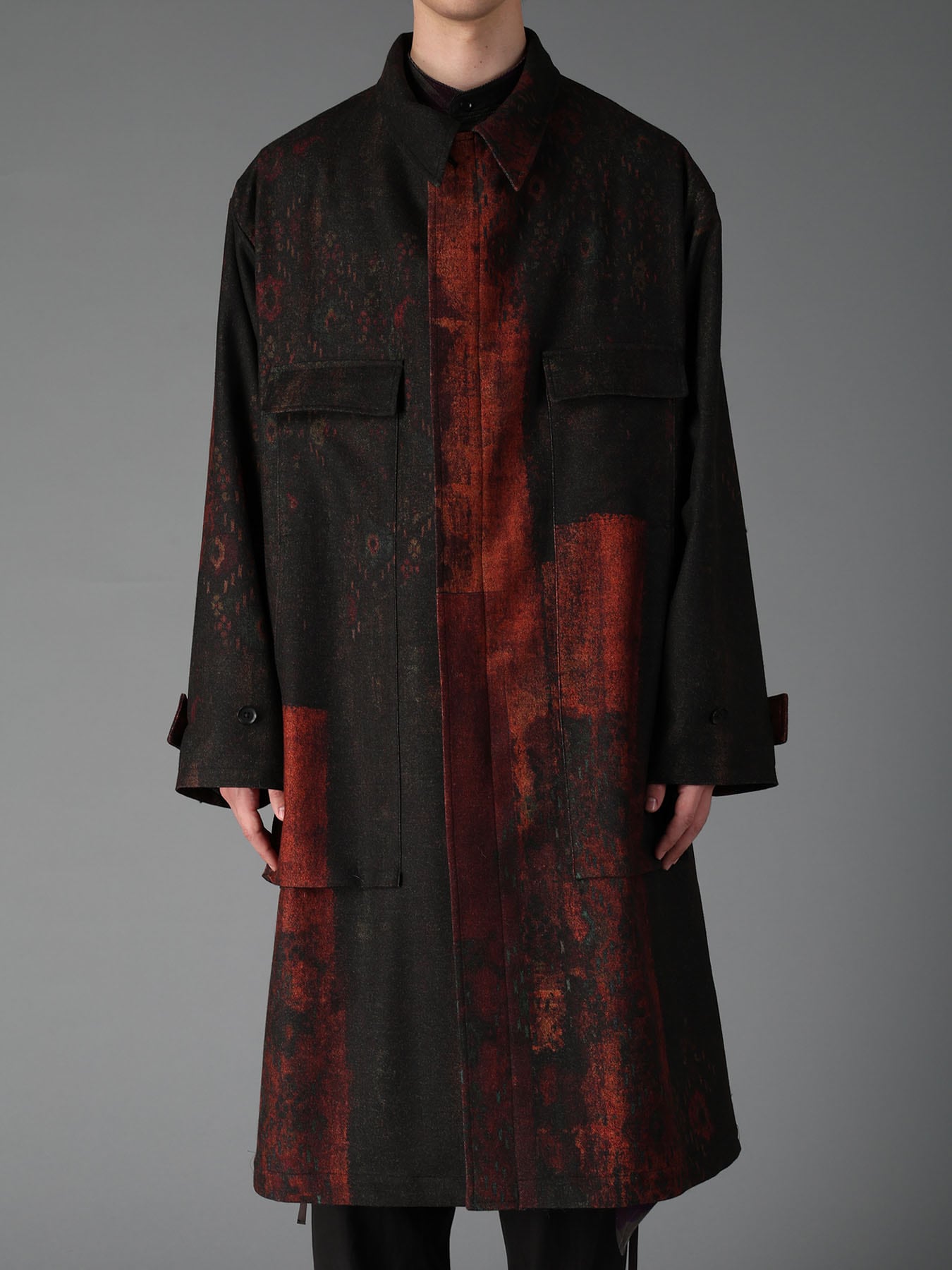 WOOL NYLON FLANNEL RUG PATTERN OUT-POCKET LONG COAT