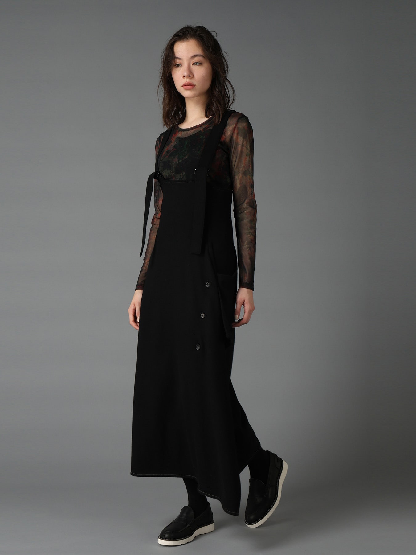 Y's ワイズ ハーフジップ サイドポケット ドレープ ドレス ブラック SOFT SPUN 1/14 JERSEY SUSPENDER DRAPE DRESS(FREE SIZE Black