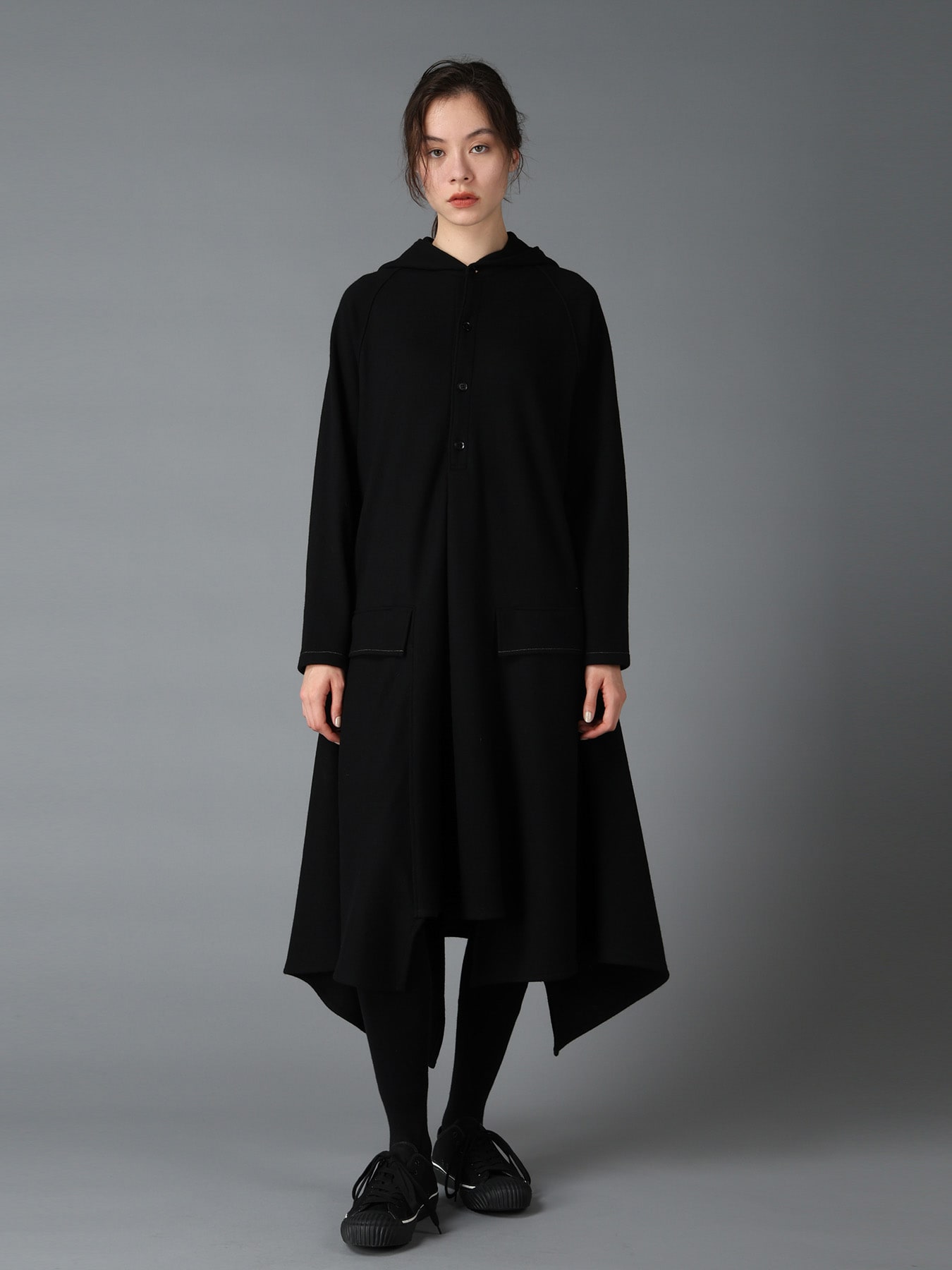 SOFT SPUN 1/14 JERSEY HOODED LONG DRESS(FREE SIZE Black): Ground Y