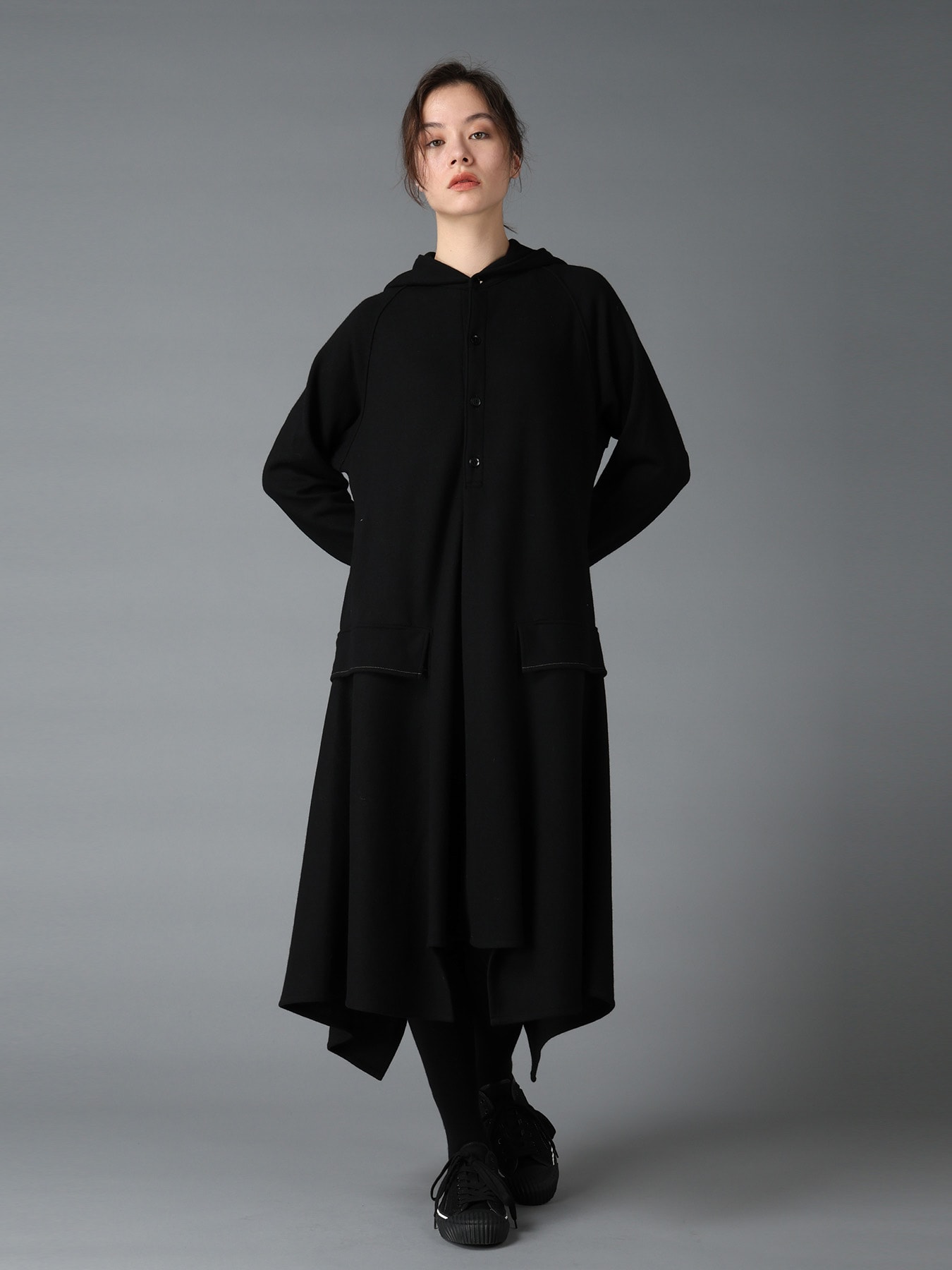 SOFT SPUN 1/14 JERSEY HOODED LONG DRESS(FREE SIZE Black): Ground Y