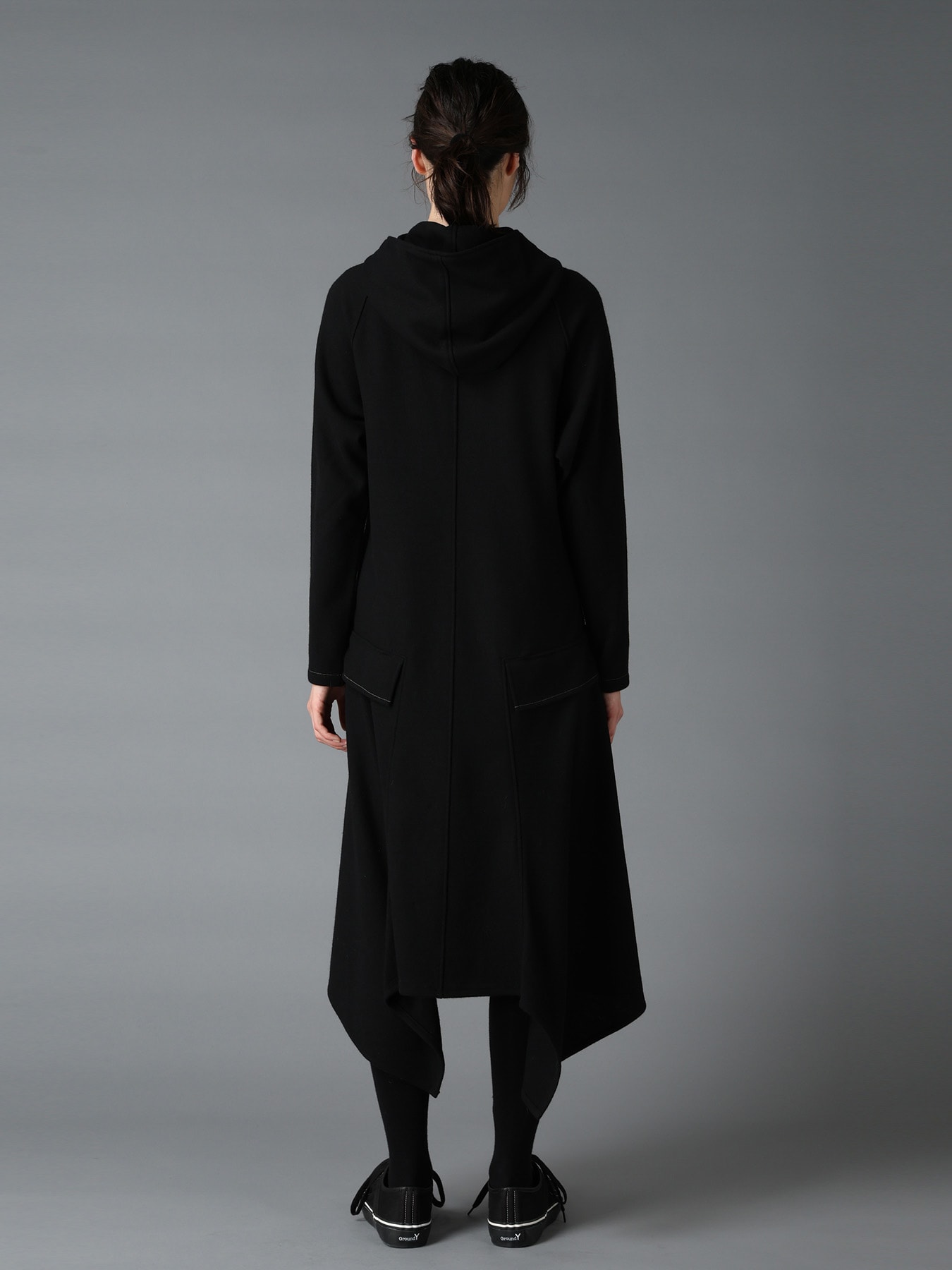 Y's for men ドレスコート 黒 フード付き SOFT SPUN 1/14 JERSEY HOODED LONG DRESS(FREE SIZE Black): Ground Y