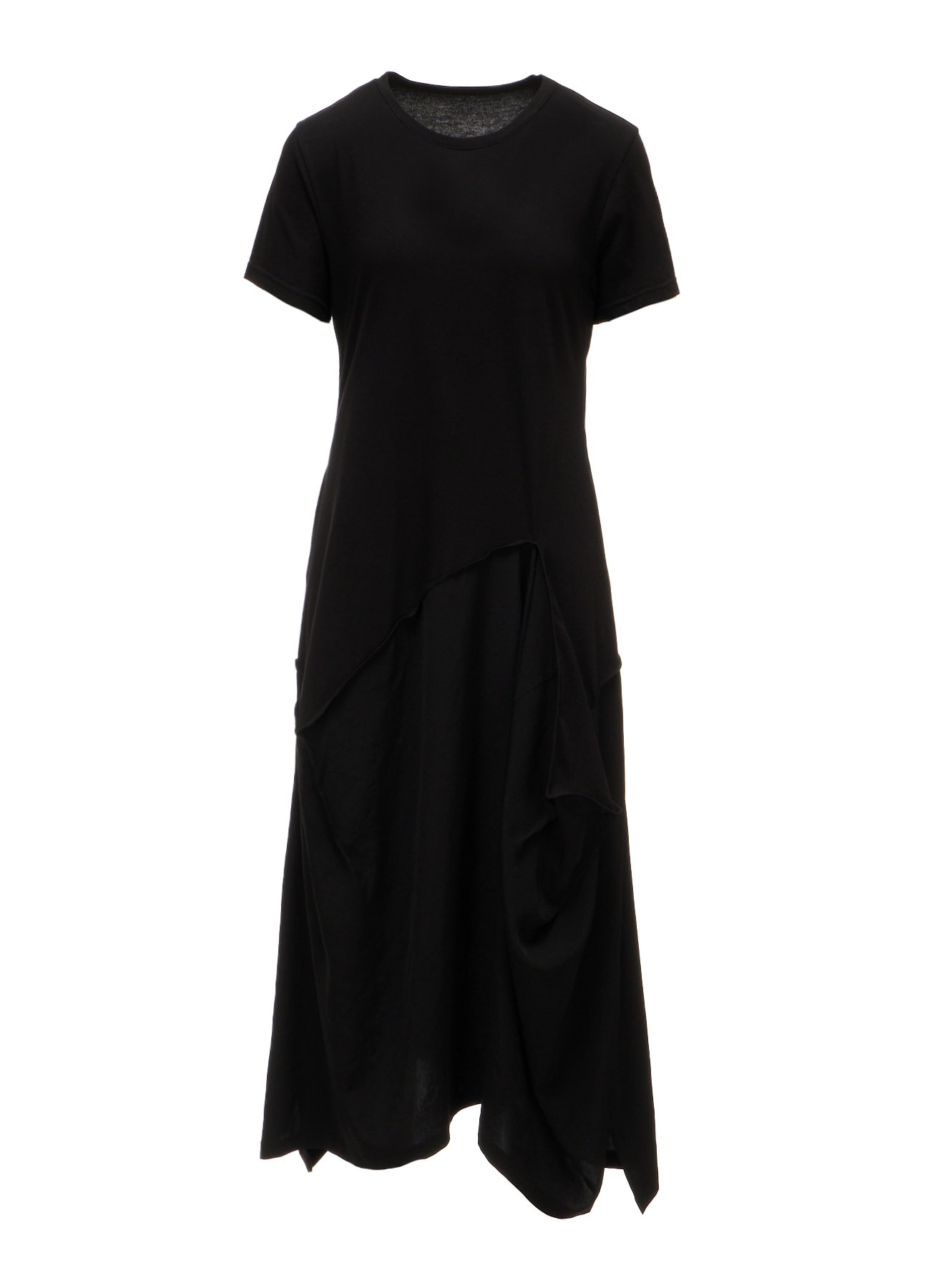 SILICON JERSEY+CREPE de CHINE PANEL LONG DRESS SHORT SLEEVE
