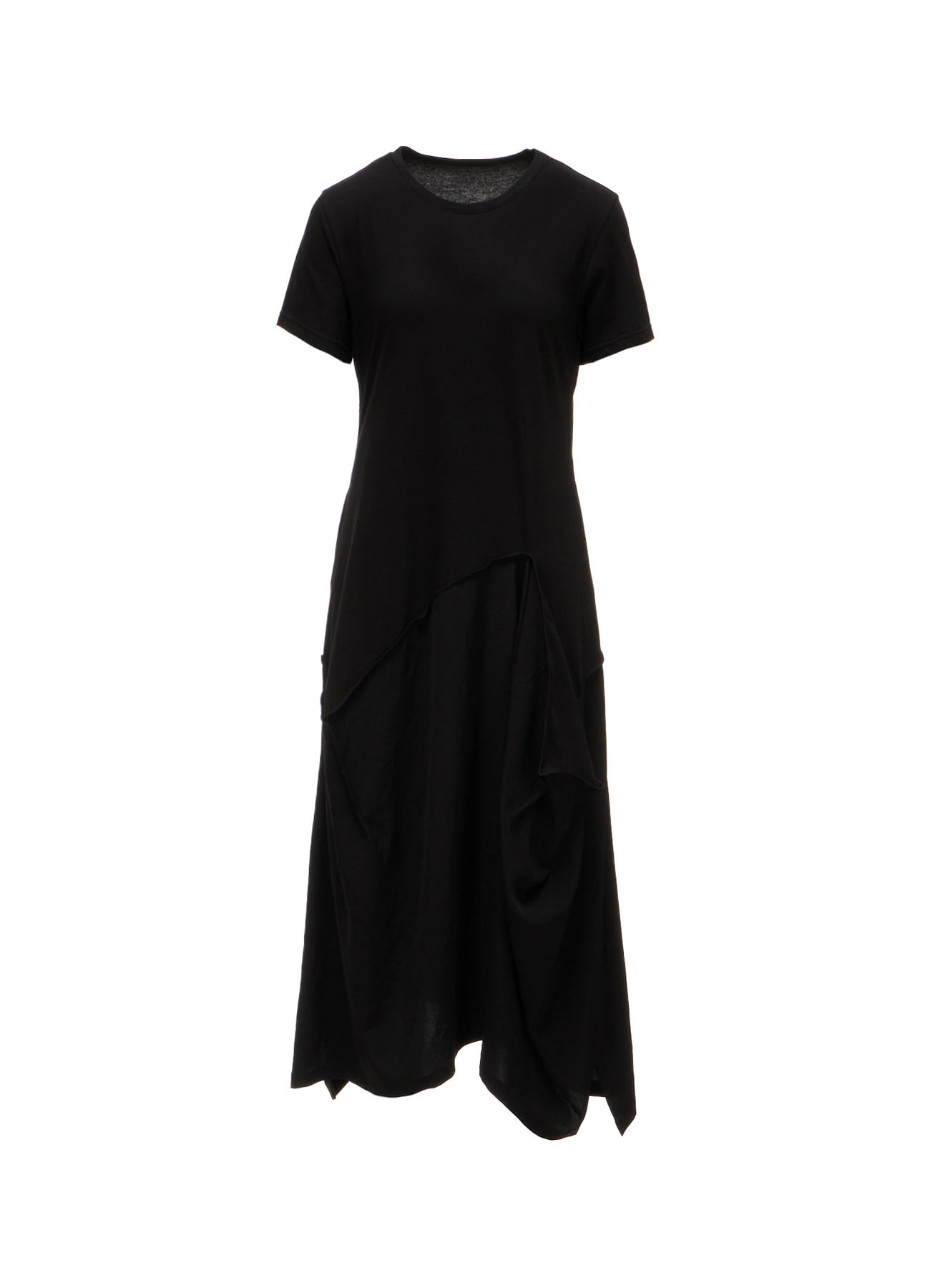 SILICON JERSEY+CREPE de CHINE PANEL LONG DRESS SHORT SLEEVE