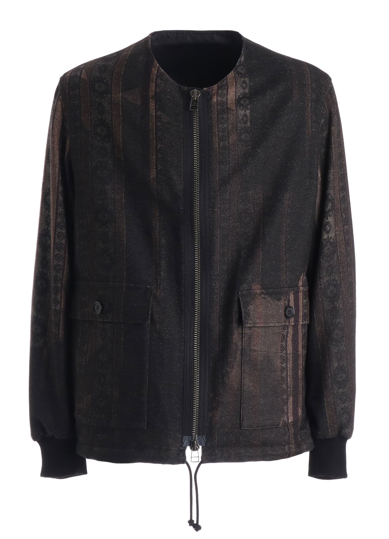 WOOL NYLON FLANNEL GREY STRIPE COLLAR-LESS BLOUSON