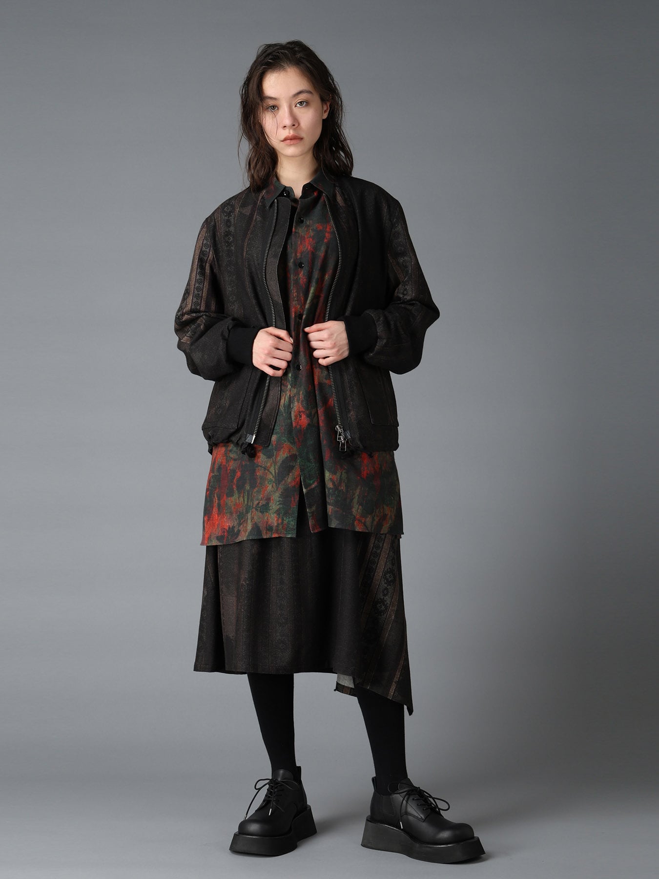 WOOL NYLON FLANNEL GREY STRIPE COLLAR-LESS BLOUSON