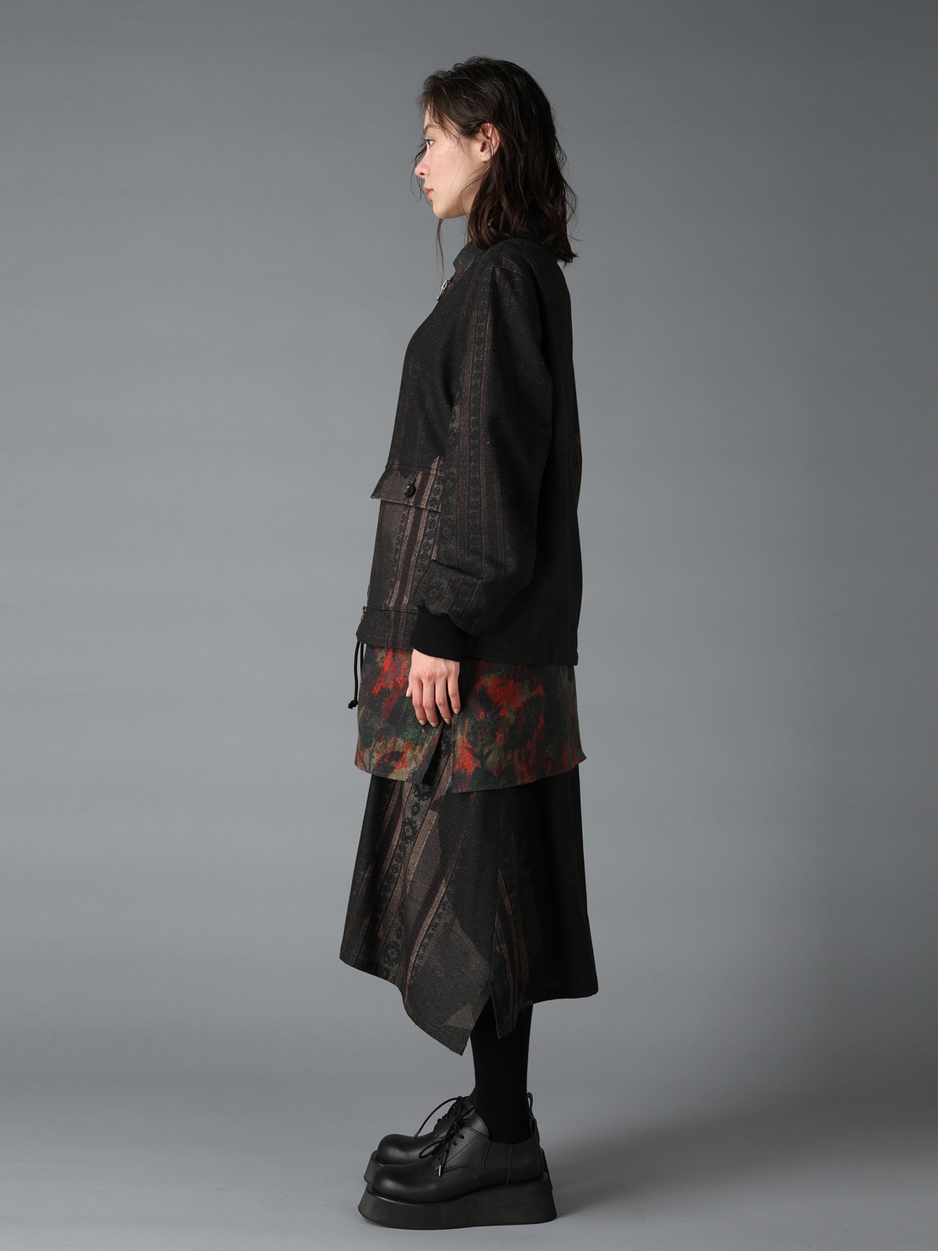 WOOL NYLON FLANNEL GREY STRIPE COLLAR-LESS BLOUSON