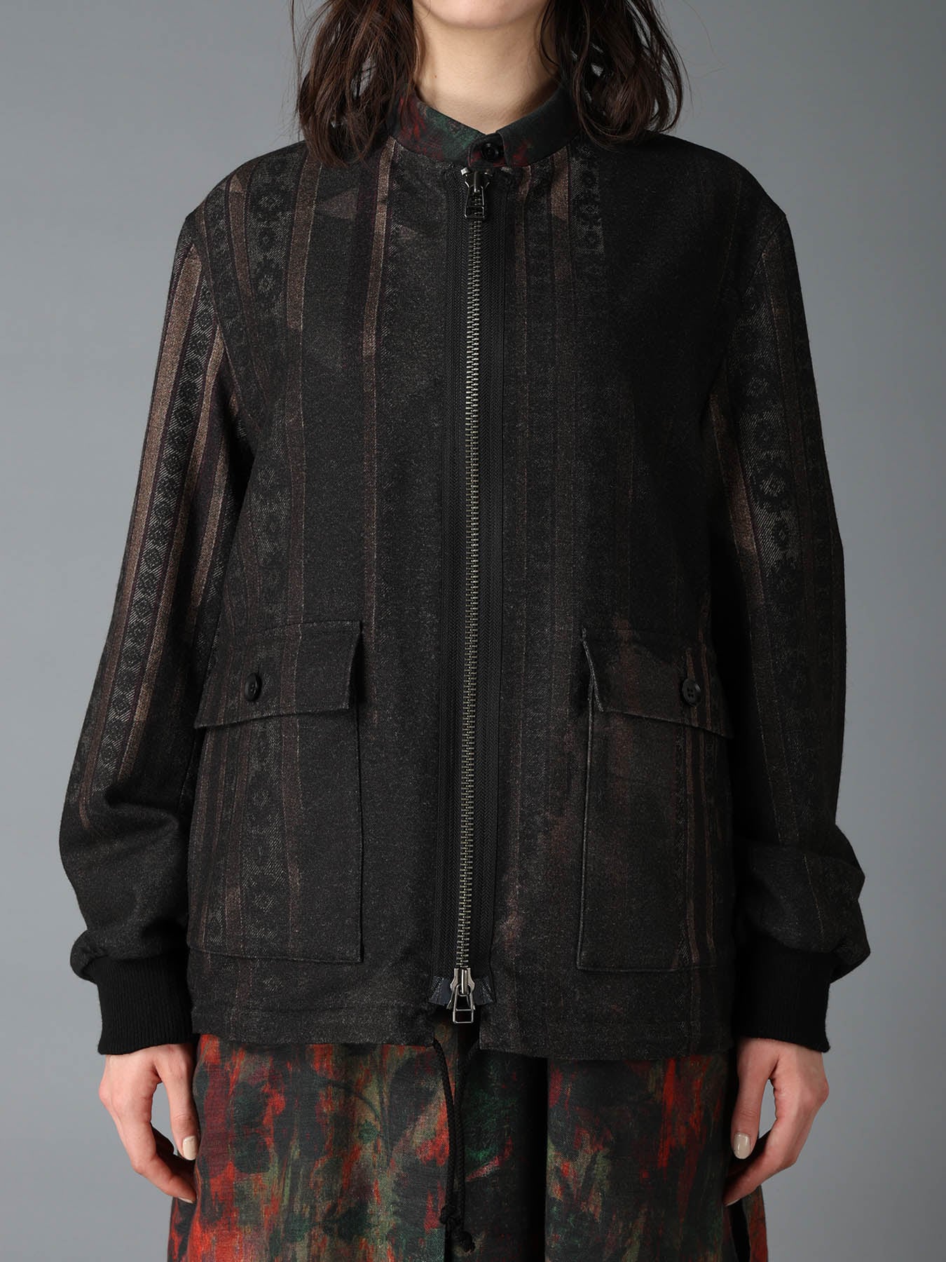WOOL NYLON FLANNEL GREY STRIPE COLLAR-LESS BLOUSON