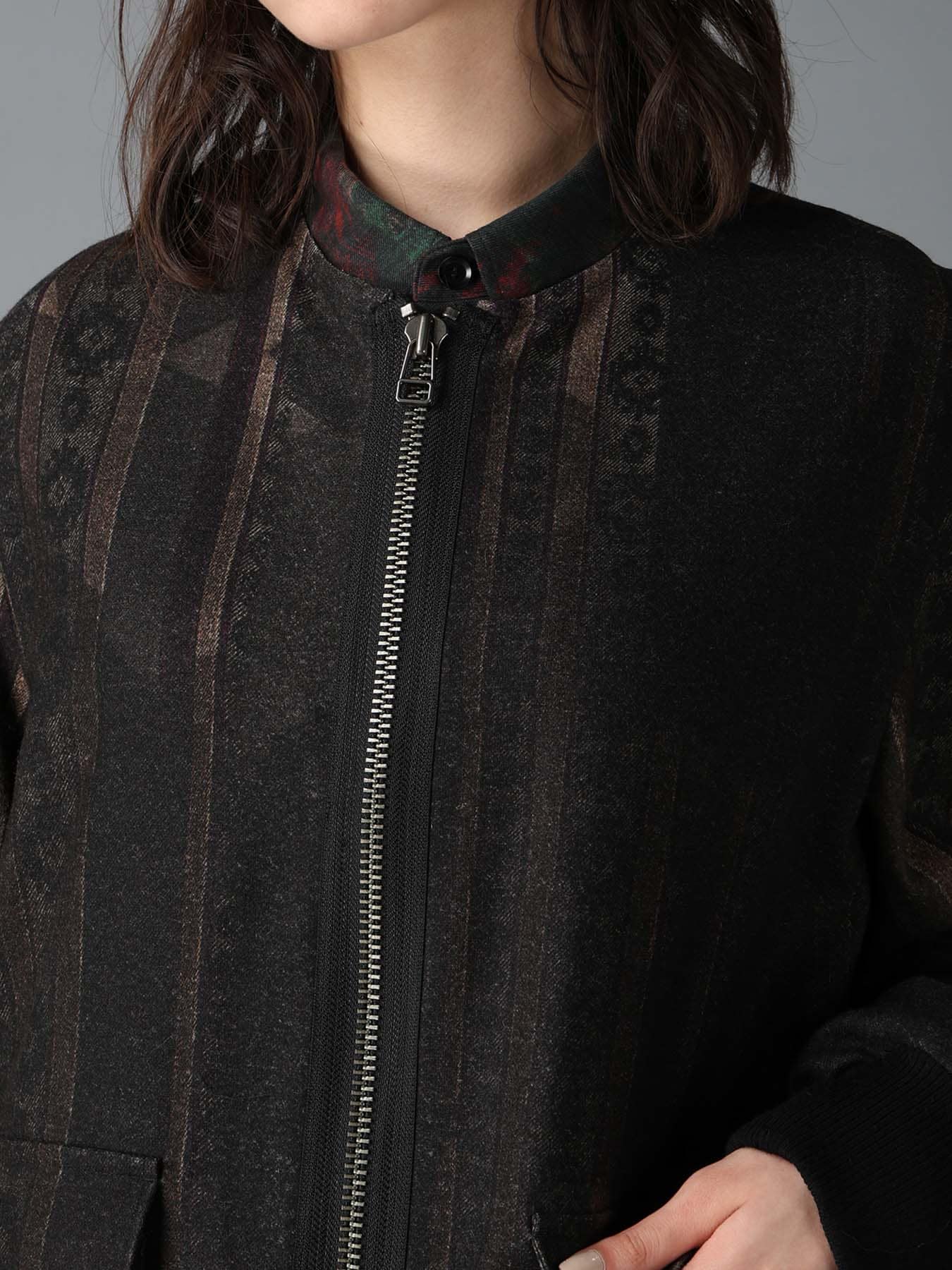 WOOL NYLON FLANNEL GREY STRIPE COLLAR-LESS BLOUSON