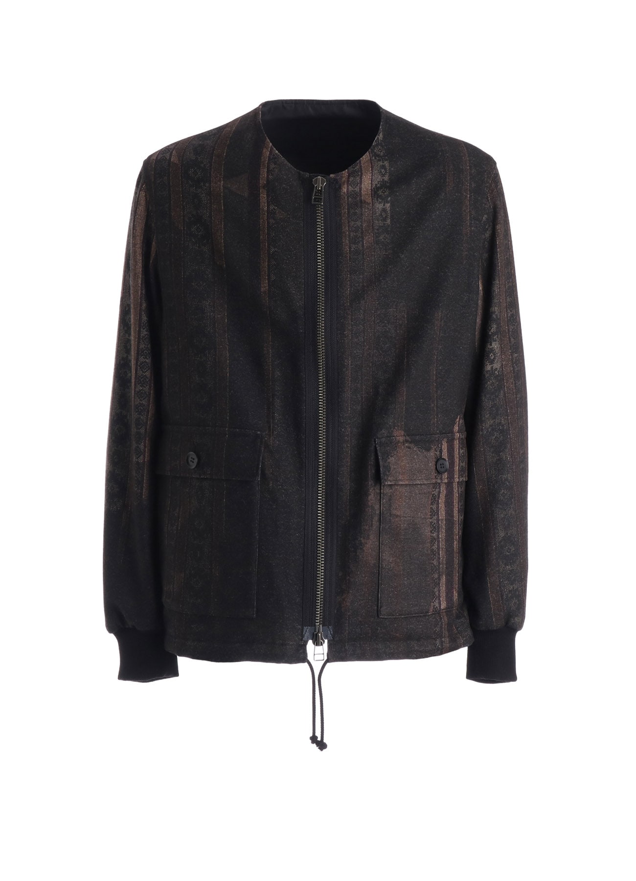 WOOL NYLON FLANNEL GREY STRIPE COLLAR-LESS BLOUSON