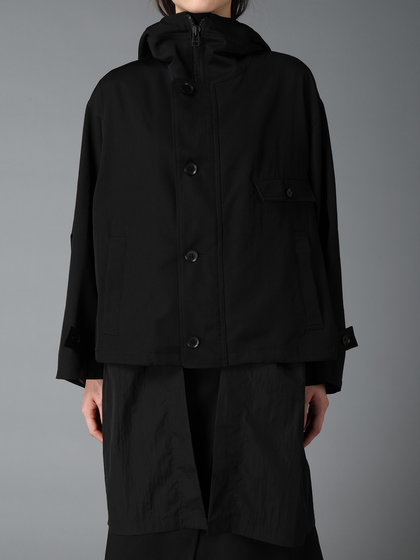 WOOL GABARDINE+VINTAGE NYLON HOODED BLOUSON