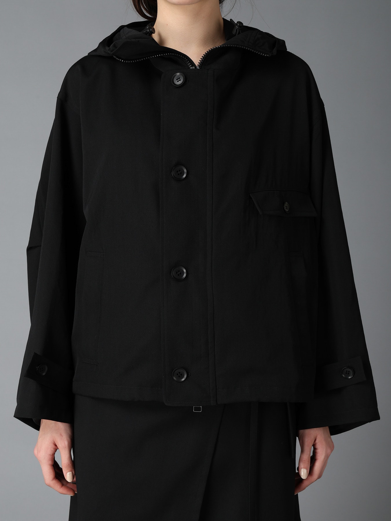 WOOL GABARDINE+VINTAGE NYLON HOODED BLOUSON
