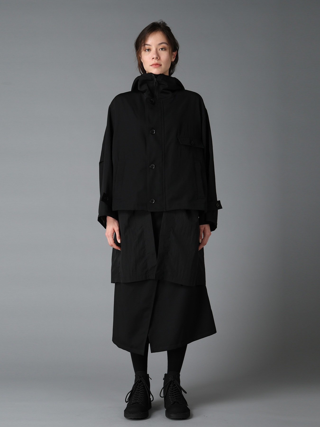 WOOL GABARDINE+VINTAGE NYLON HOODED BLOUSON