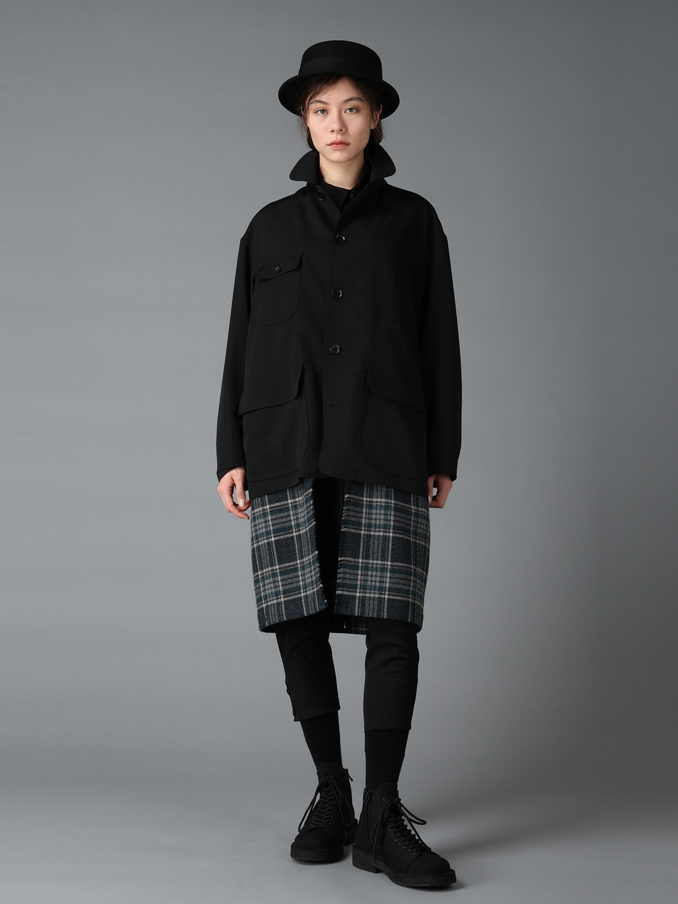 WOOL GABARDINE+BRITISH WOOL PLAID HUNTING JACKET