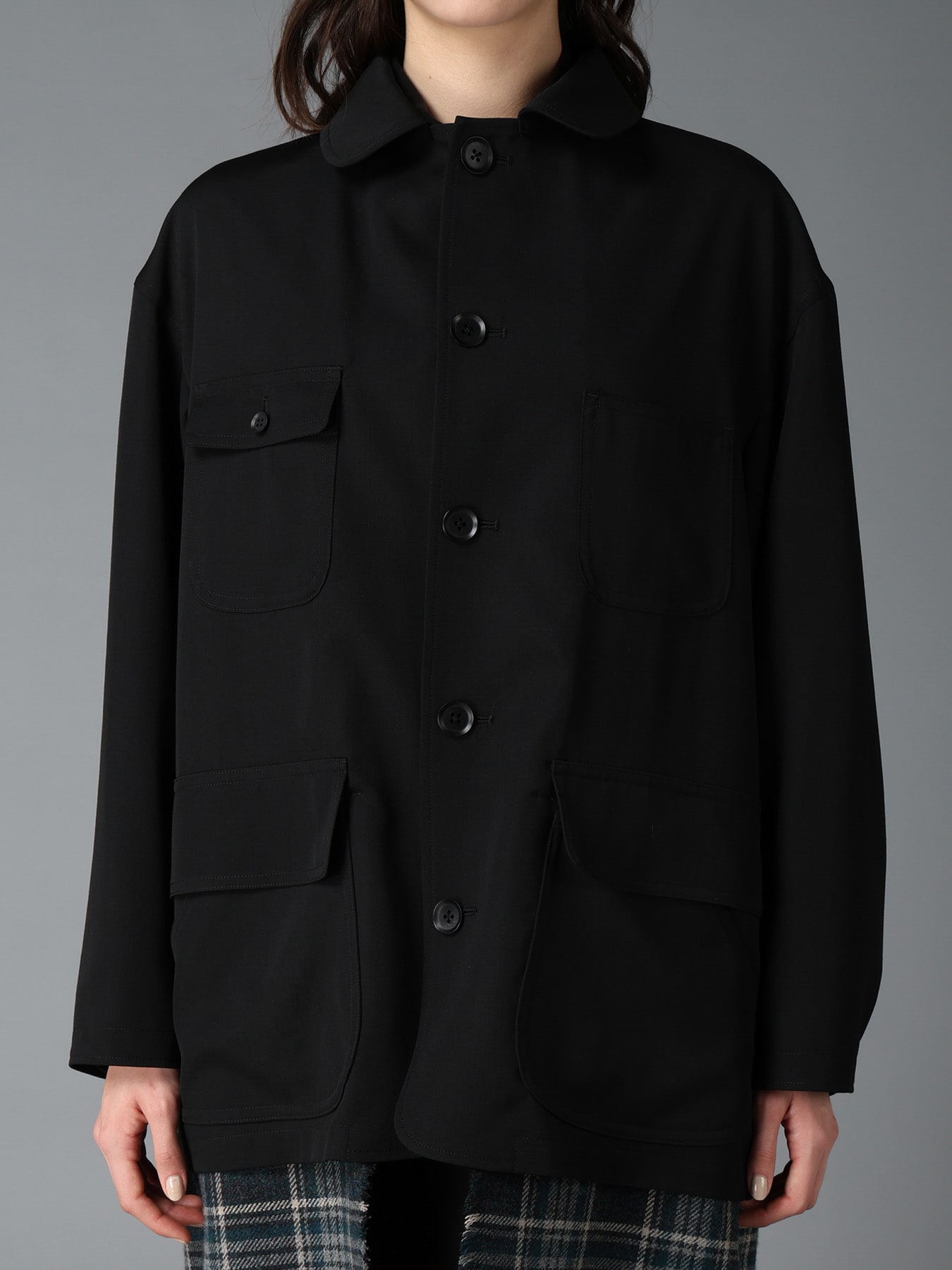 WOOL GABARDINE+BRITISH WOOL PLAID HUNTING JACKET