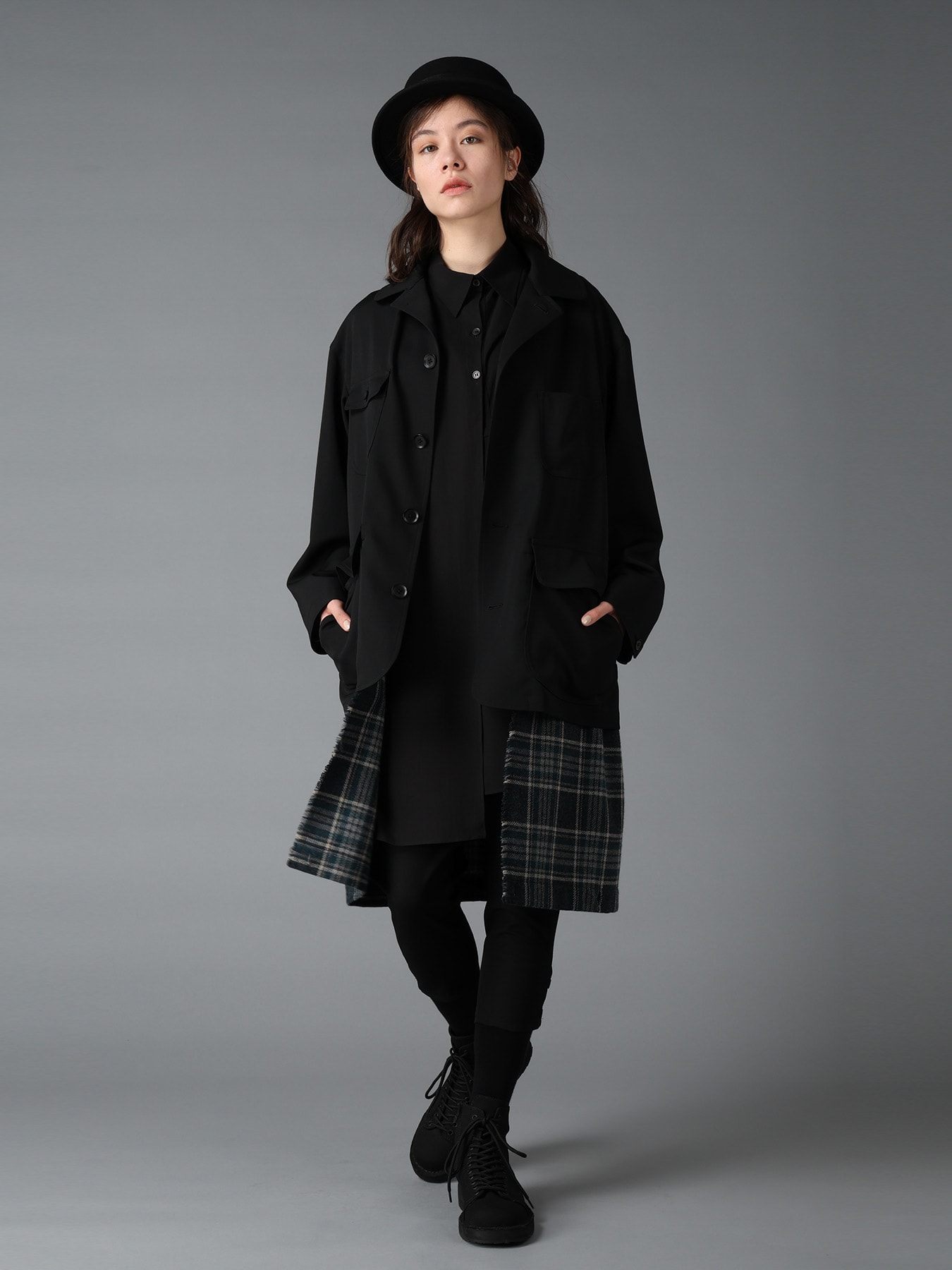 WOOL GABARDINE+BRITISH WOOL PLAID HUNTING JACKET