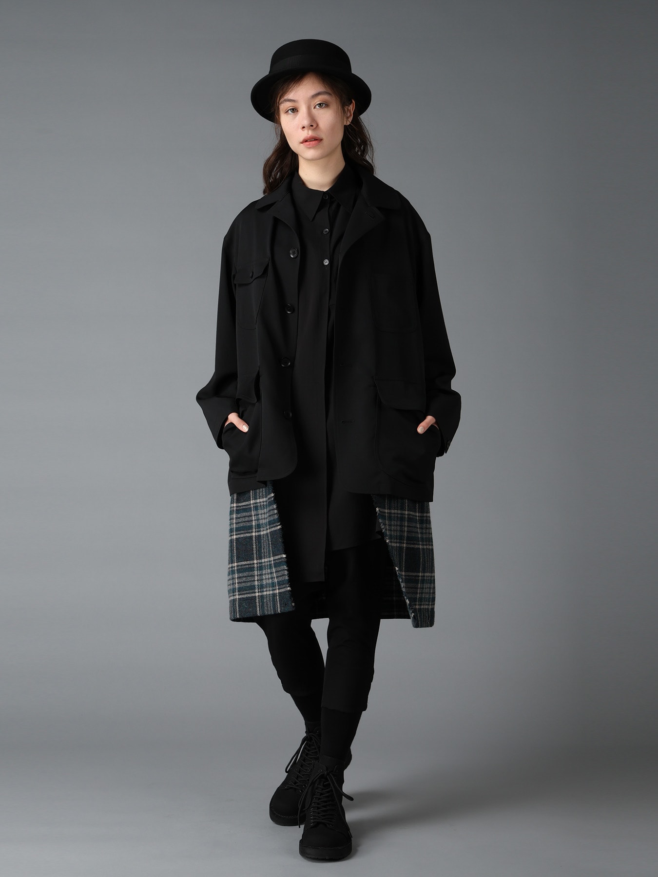 WOOL GABARDINE+BRITISH WOOL PLAID HUNTING JACKET