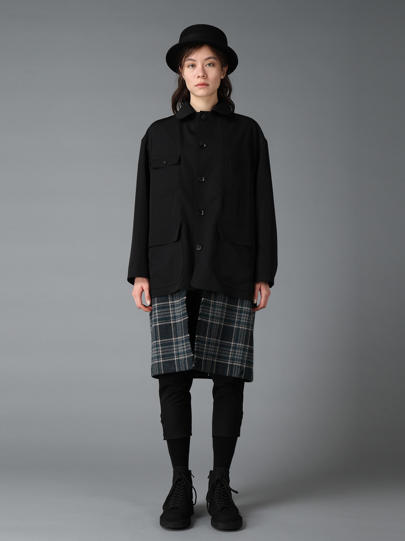 WOOL GABARDINE+BRITISH WOOL PLAID HUNTING JACKET