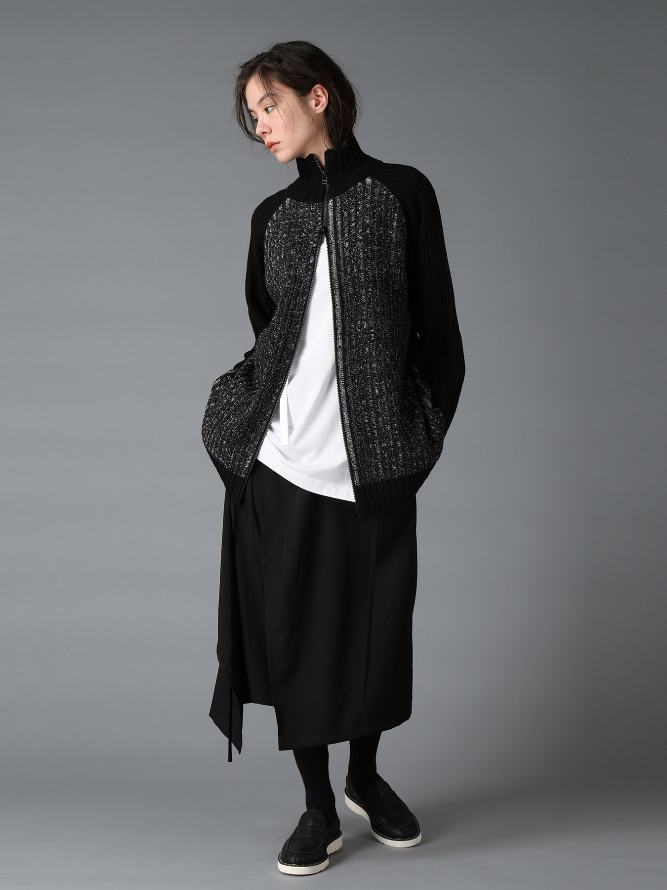 RIB X IRREGULAR LINKS ZIP CARDIGAN