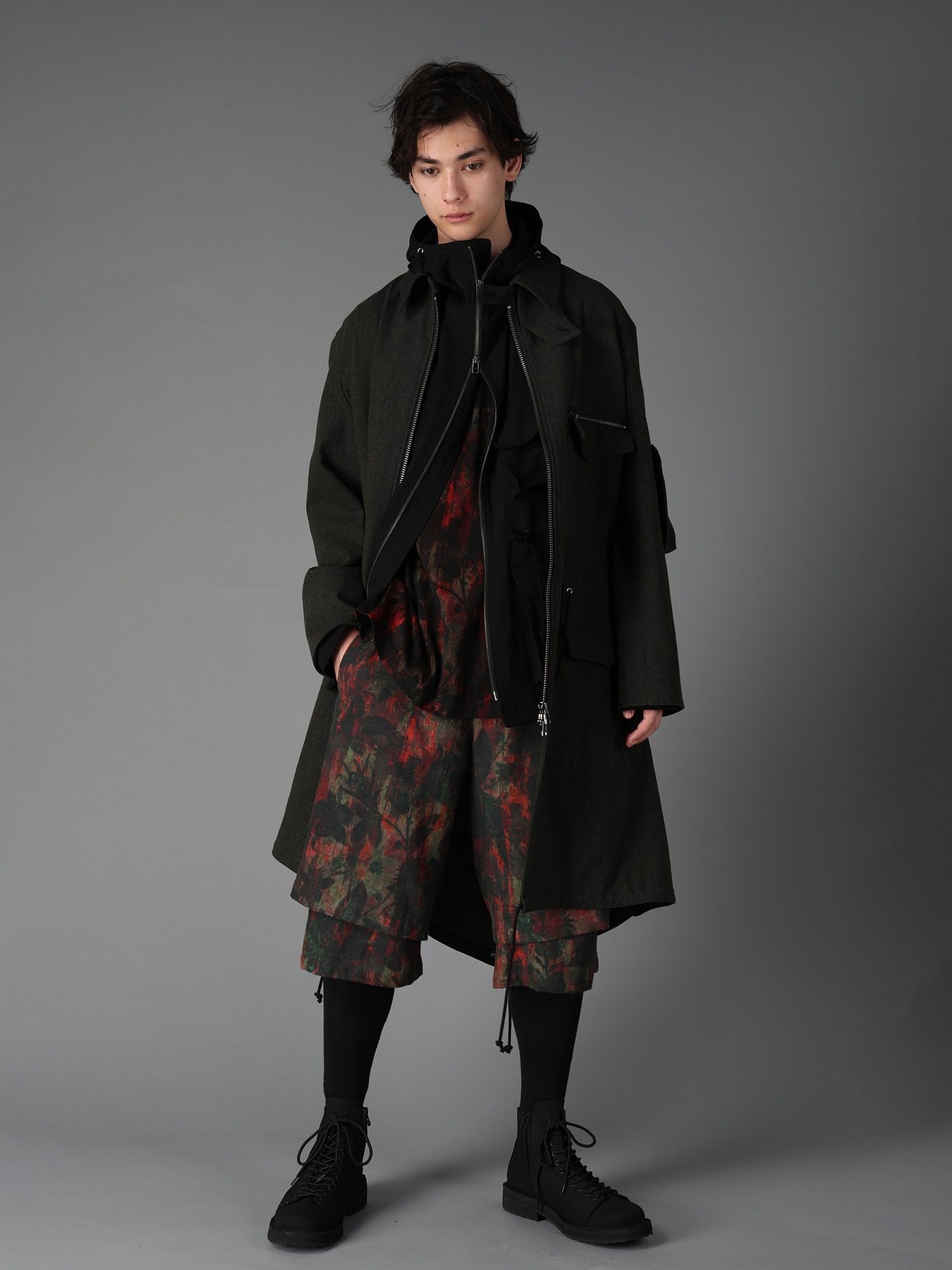 COTTON WOOL VIYELLA SHADOW FLORAL PATTERN DOUBLE LAYER HALF PANTS