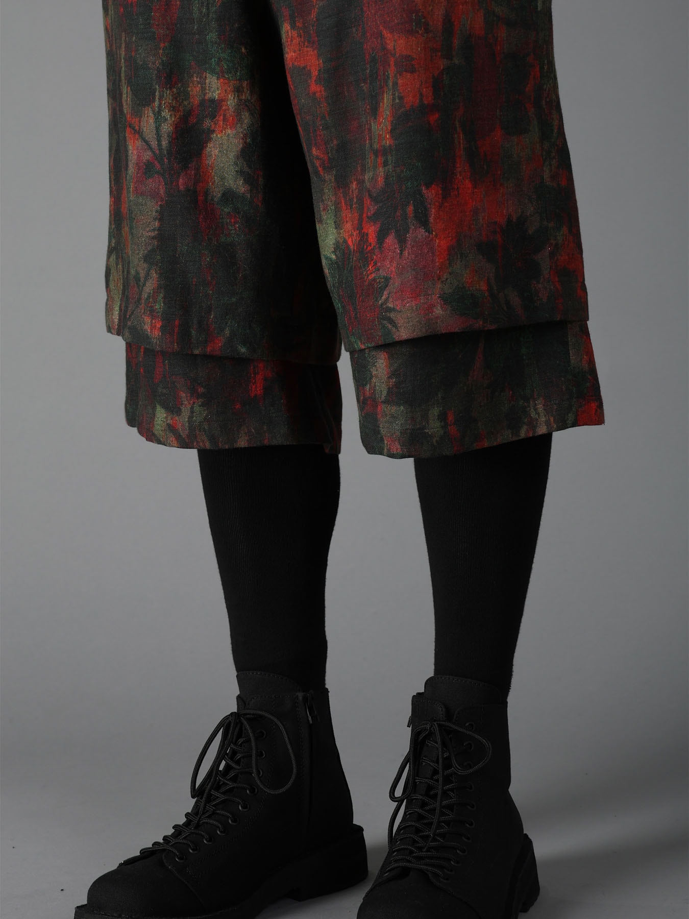 COTTON WOOL VIYELLA SHADOW FLORAL PATTERN DOUBLE LAYER HALF PANTS