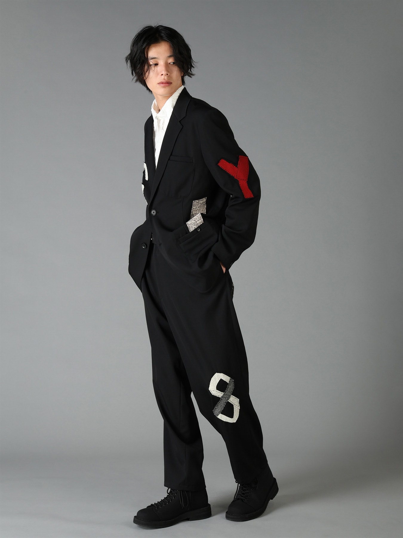 WOOL GABARDINE APPLIQUE DRAWSTRING PANTS