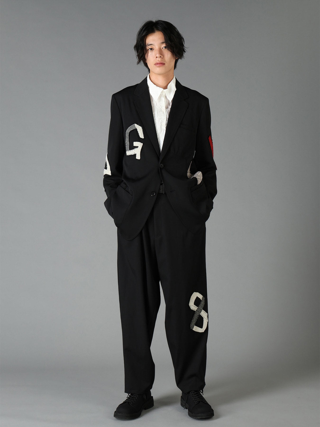 WOOL GABARDINE APPLIQUE DRAWSTRING PANTS