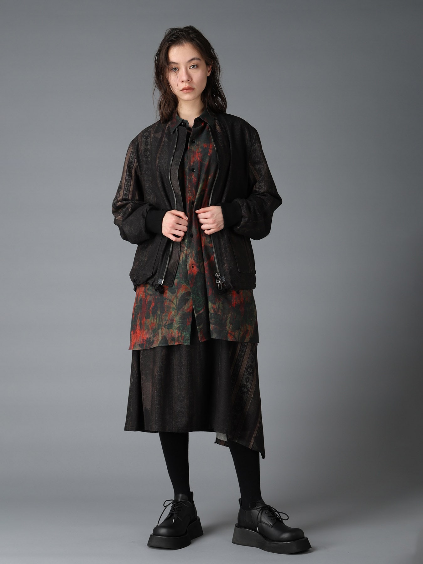 WOOL NYLON FLANNEL GREY STRIPE LEFT DROP SKIRT