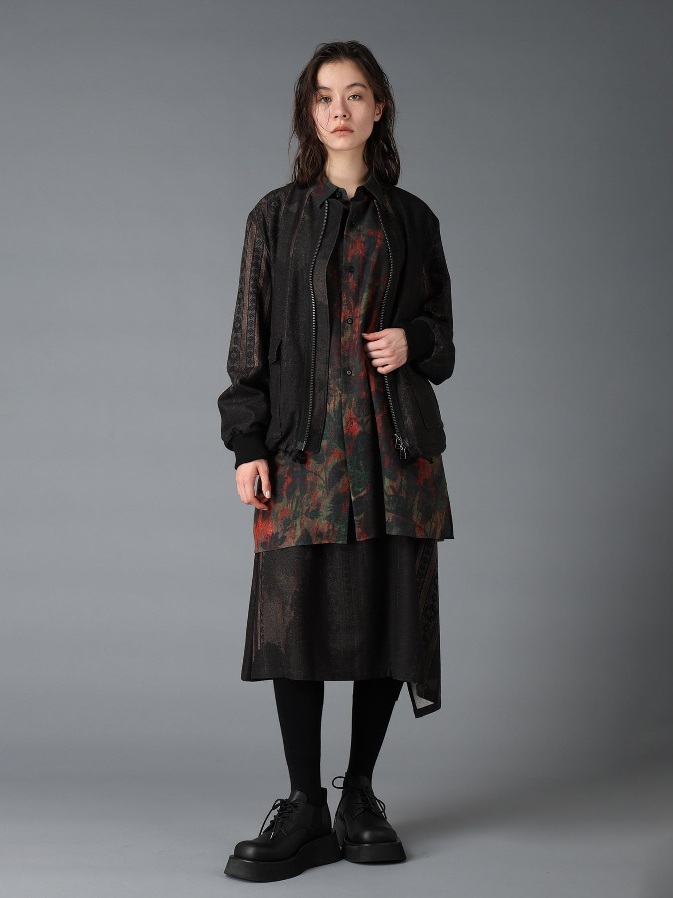 WOOL NYLON FLANNEL GREY STRIPE LEFT DROP SKIRT