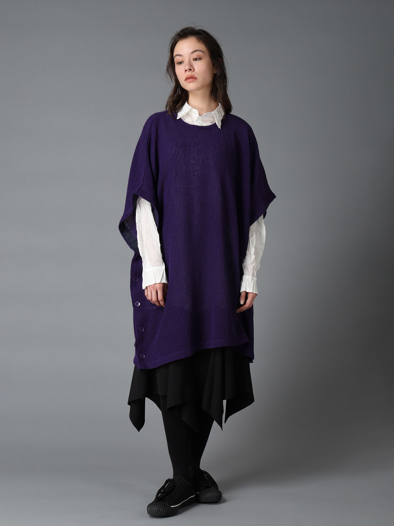 SPIDER WEB KNIT SIDE-BUTTON BIG SHORT-SLEEVED T