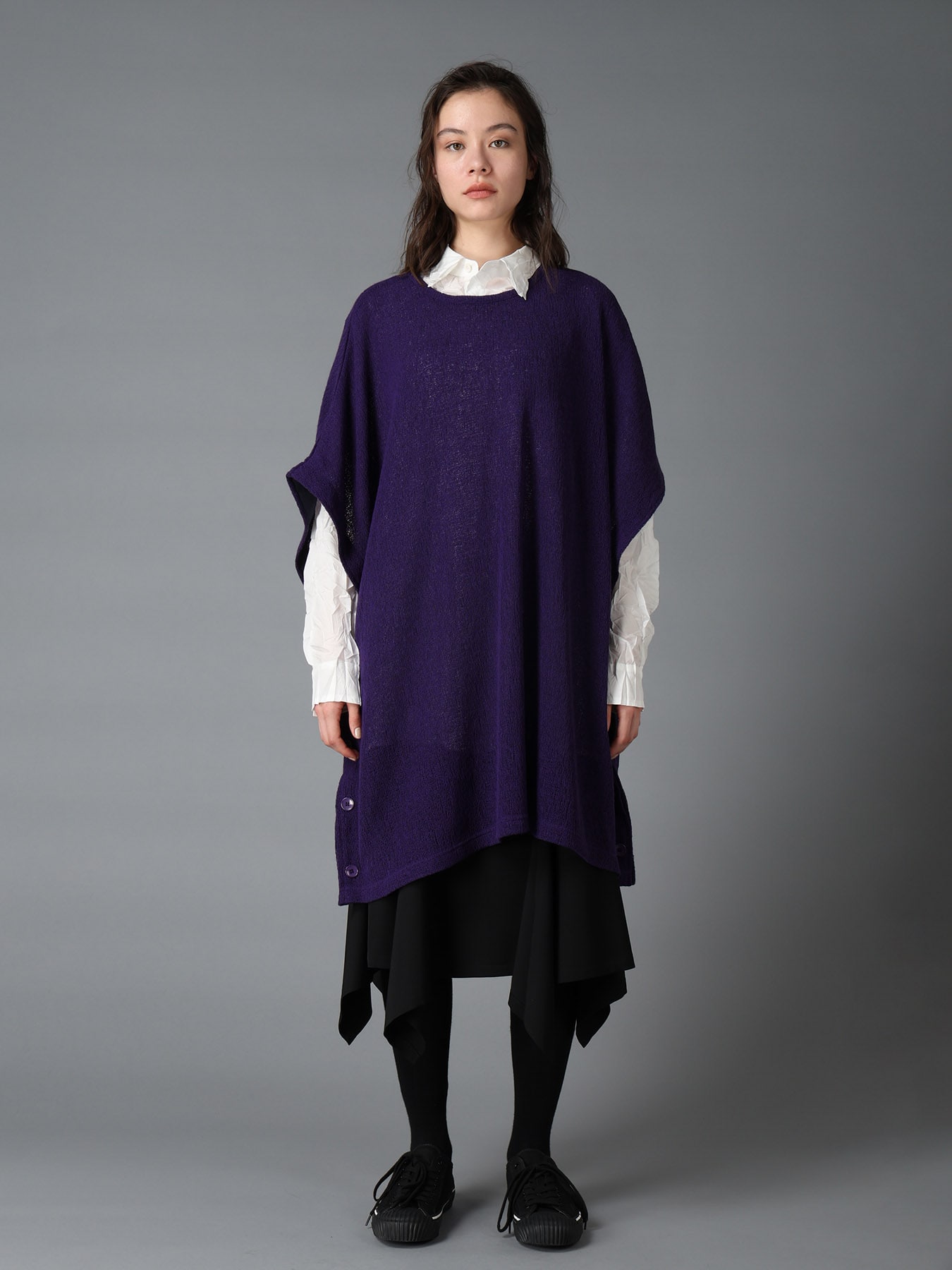 SPIDER WEB KNIT SIDE-BUTTON BIG SHORT-SLEEVED T