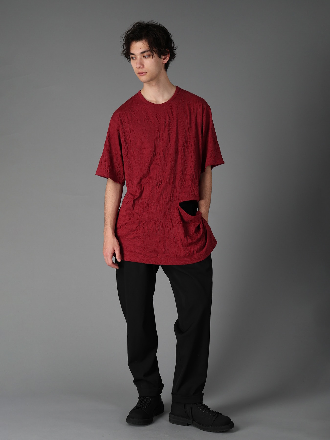 CATCH WASHER WRINKLE JERSEY LEFT SIDE CUT OUT SHORT SLEEVED T