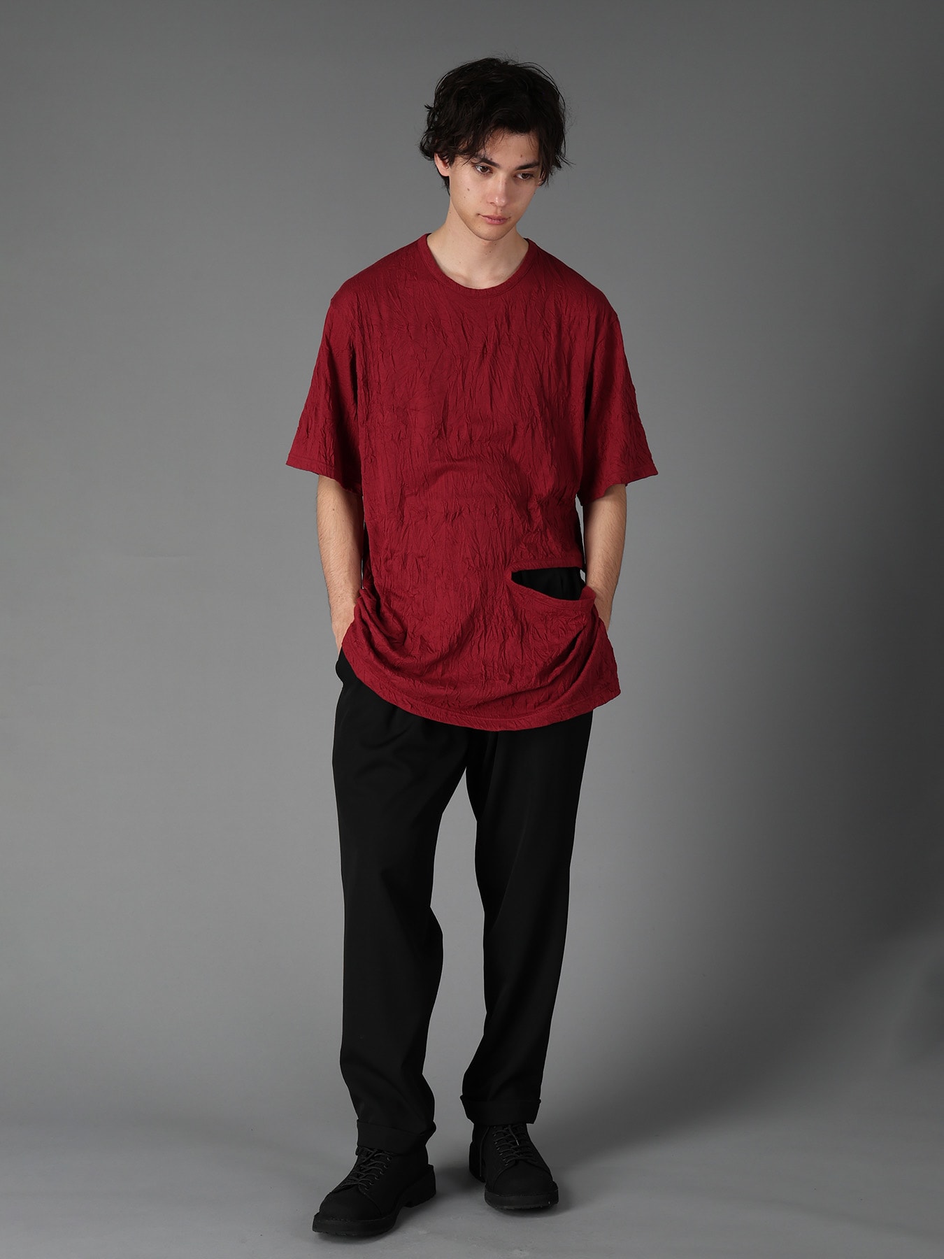 CATCH WASHER WRINKLE JERSEY LEFT SIDE CUT OUT SHORT SLEEVED T