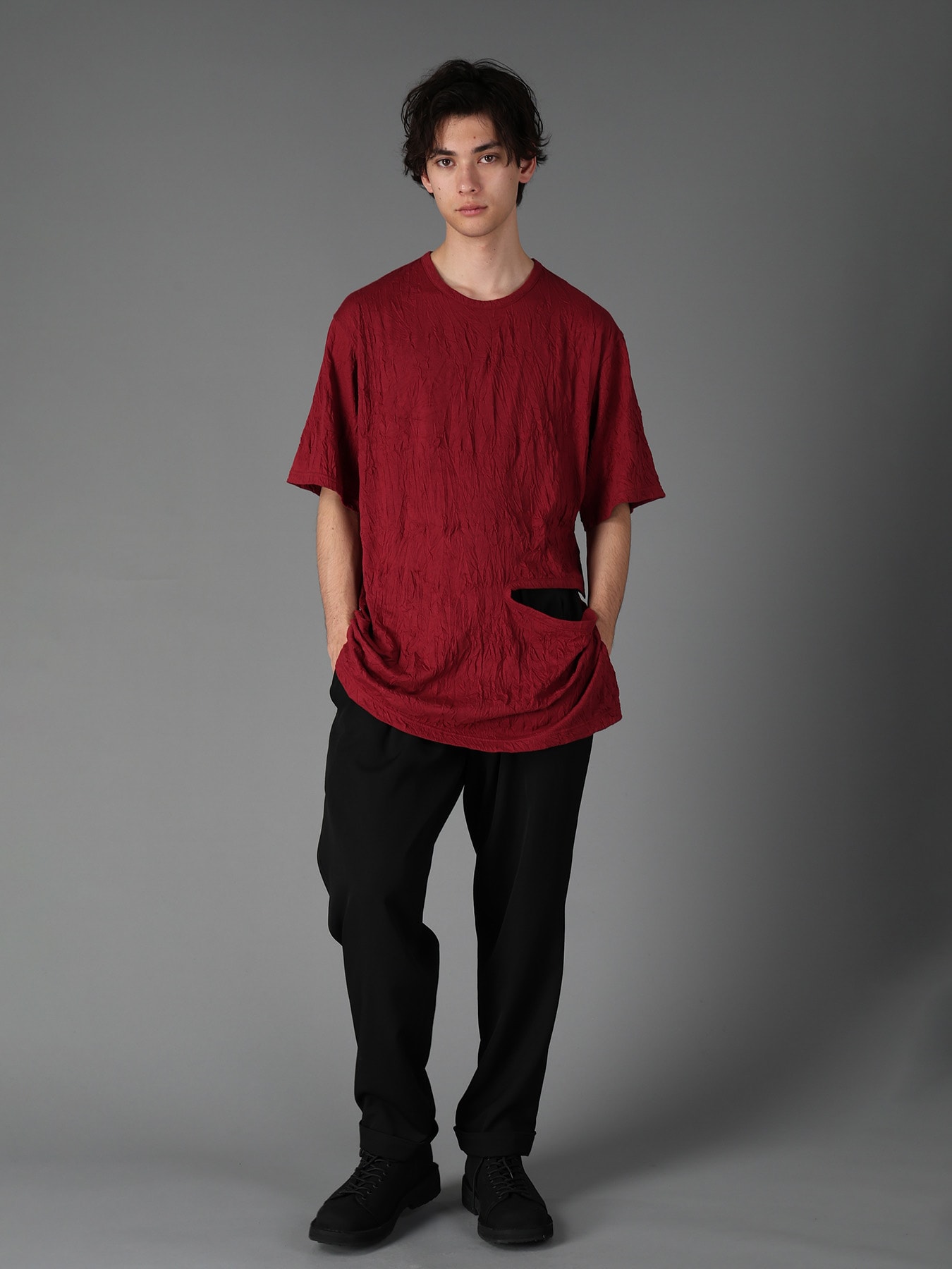 CATCH WASHER WRINKLE JERSEY LEFT SIDE CUT OUT SHORT SLEEVED T