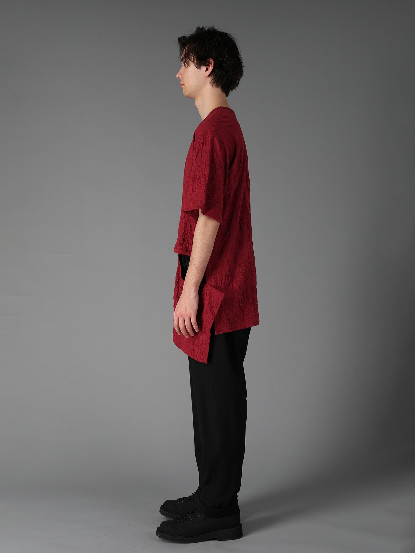 CATCH WASHER WRINKLE JERSEY LEFT SIDE CUT OUT SHORT SLEEVED T