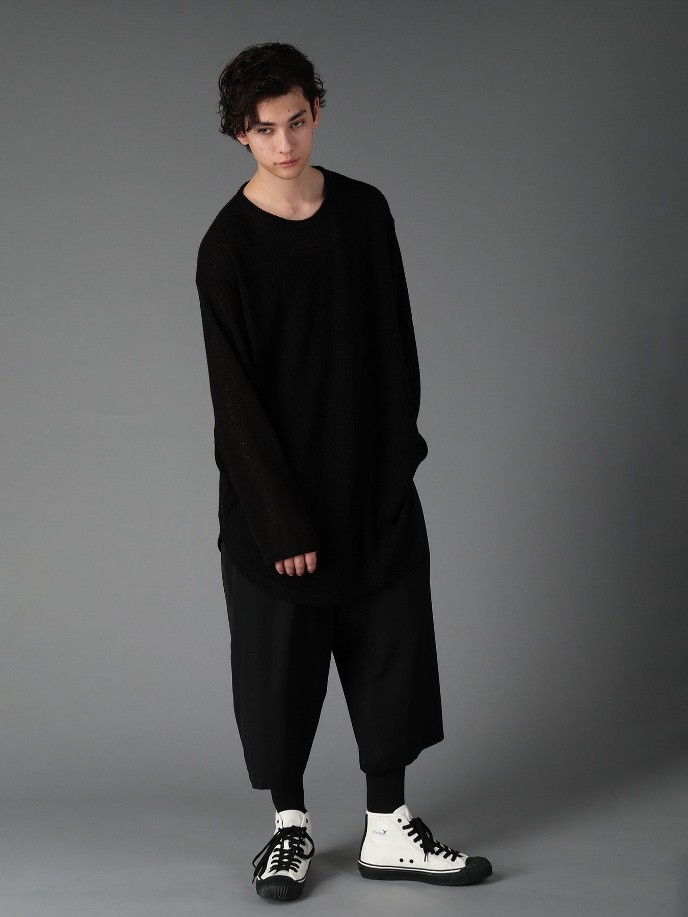 SPIDER WEB KNIT ROUND-HEM JUMBO LONG-SLEEVED T
