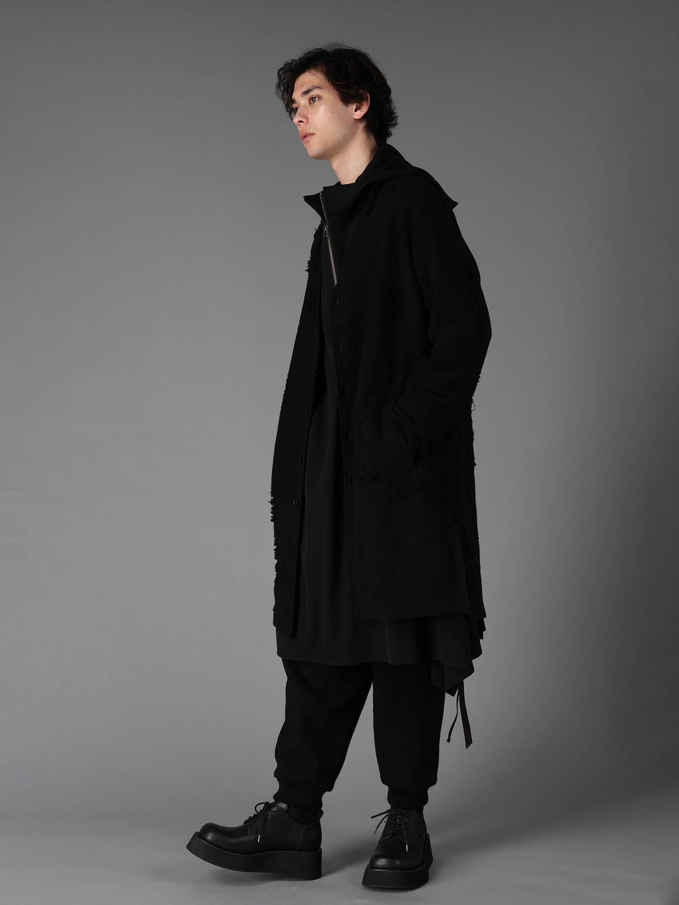 DAMAGE JACQUARD FRENCH TERRY V-NECK LONG CARDIGAN
