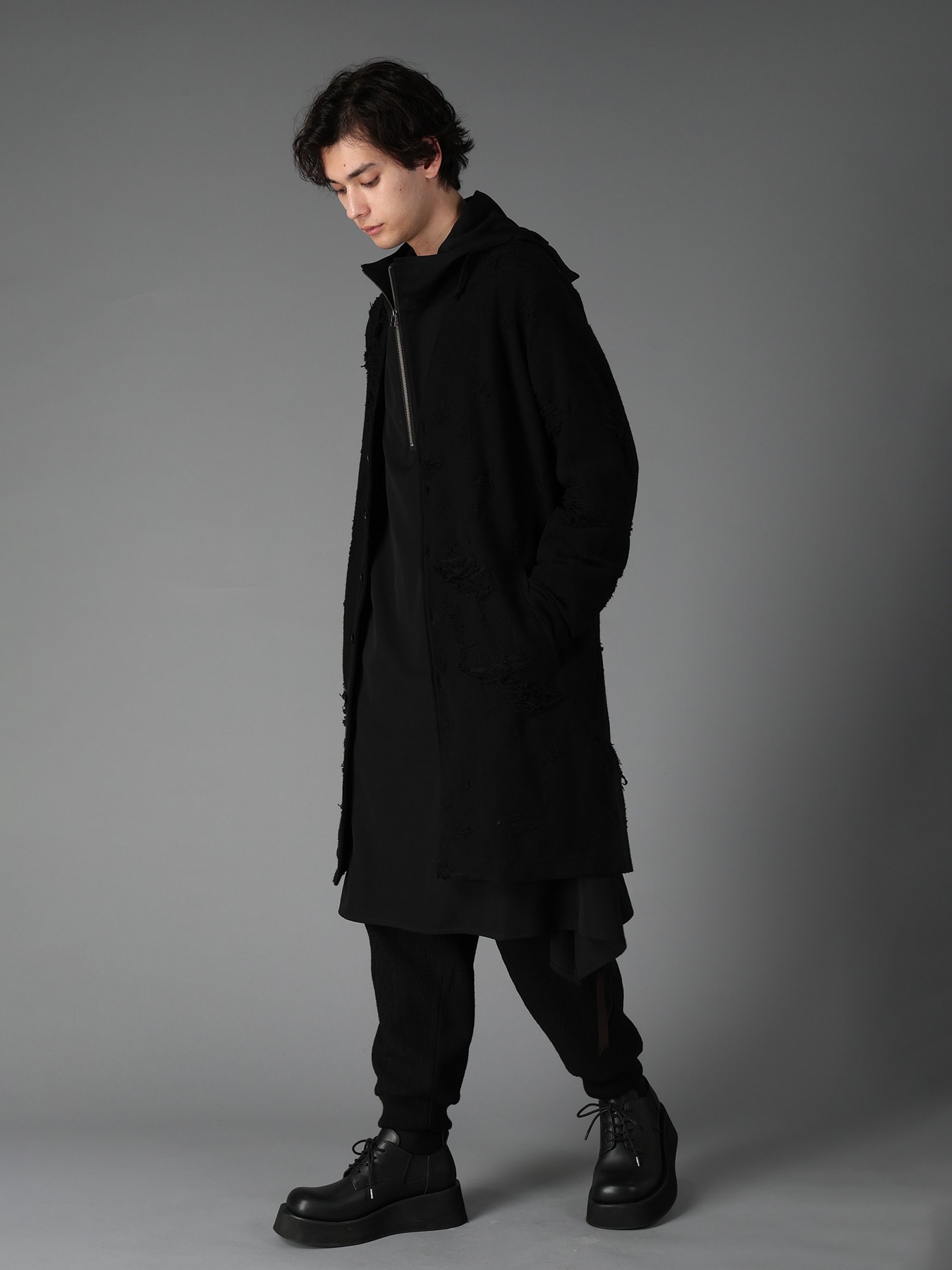 DAMAGE JACQUARD FRENCH TERRY V-NECK LONG CARDIGAN