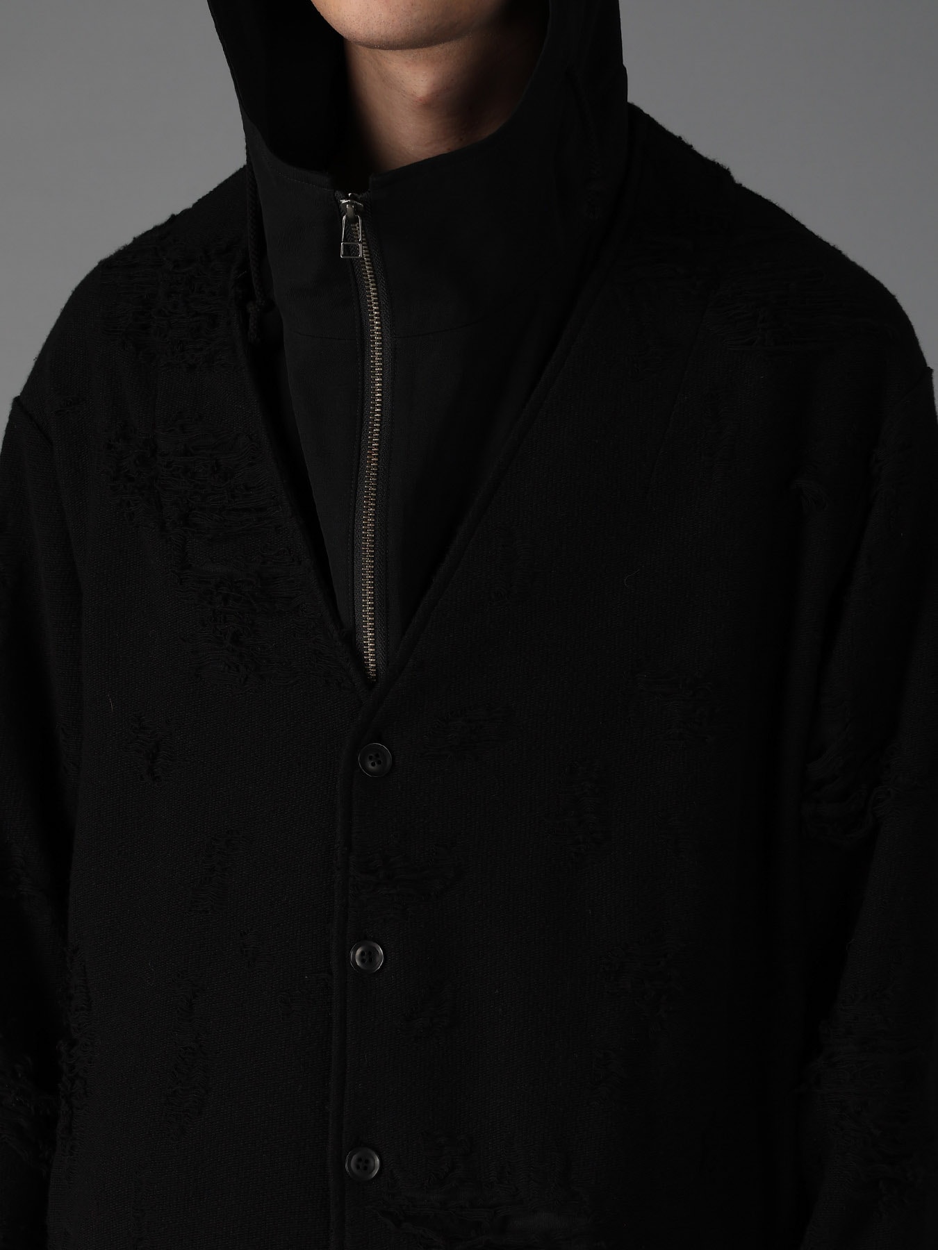 DAMAGE JACQUARD FRENCH TERRY V-NECK LONG CARDIGAN