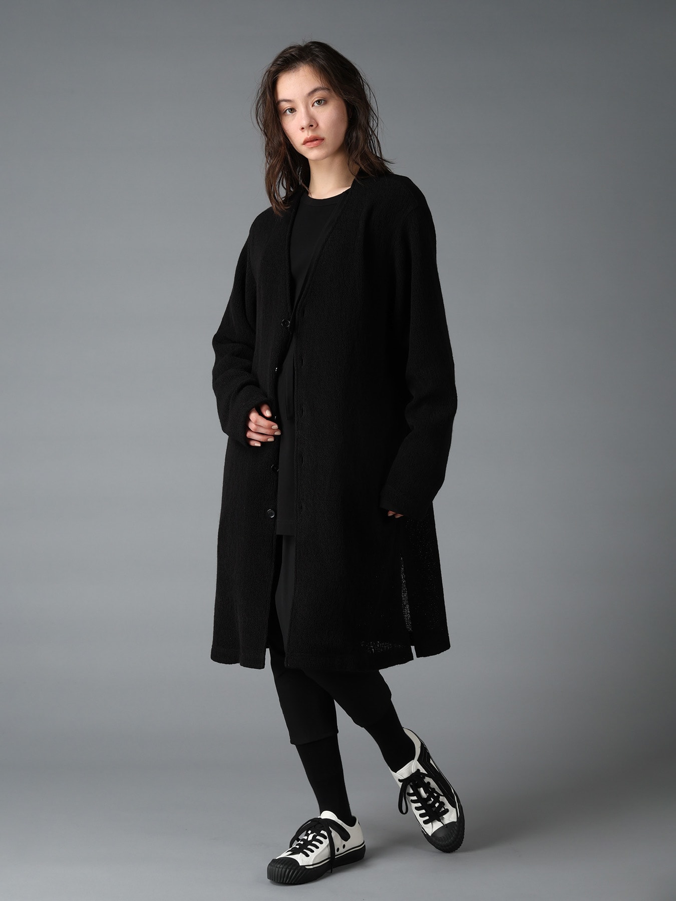 SPIDER WEB KNIT V-NECK LONG CARDIGAN(FREE SIZE Black): Ground Y