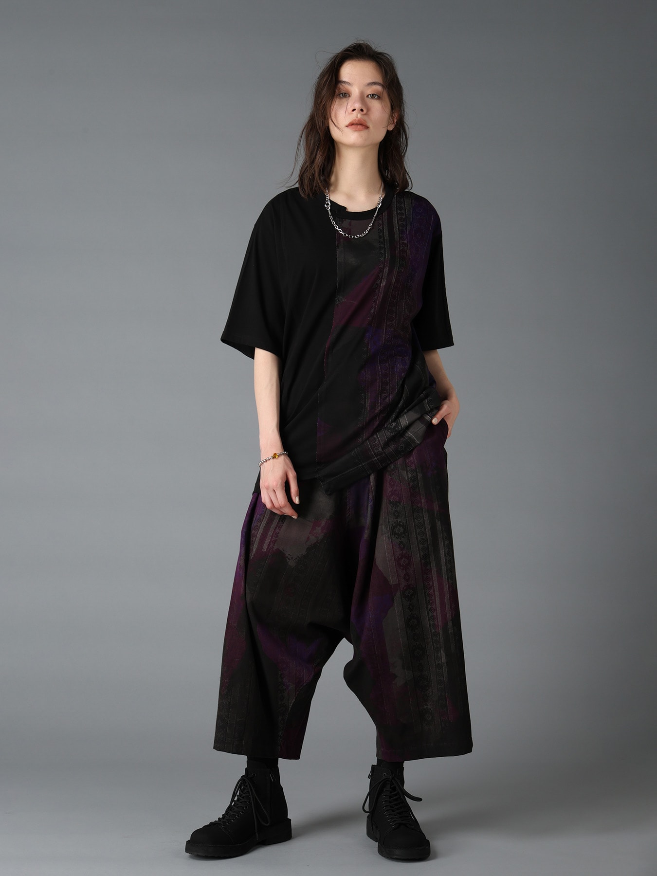 PURPLE STRIPE+COTTON JERSEY CUT-OFF SHORT SLEEVED T