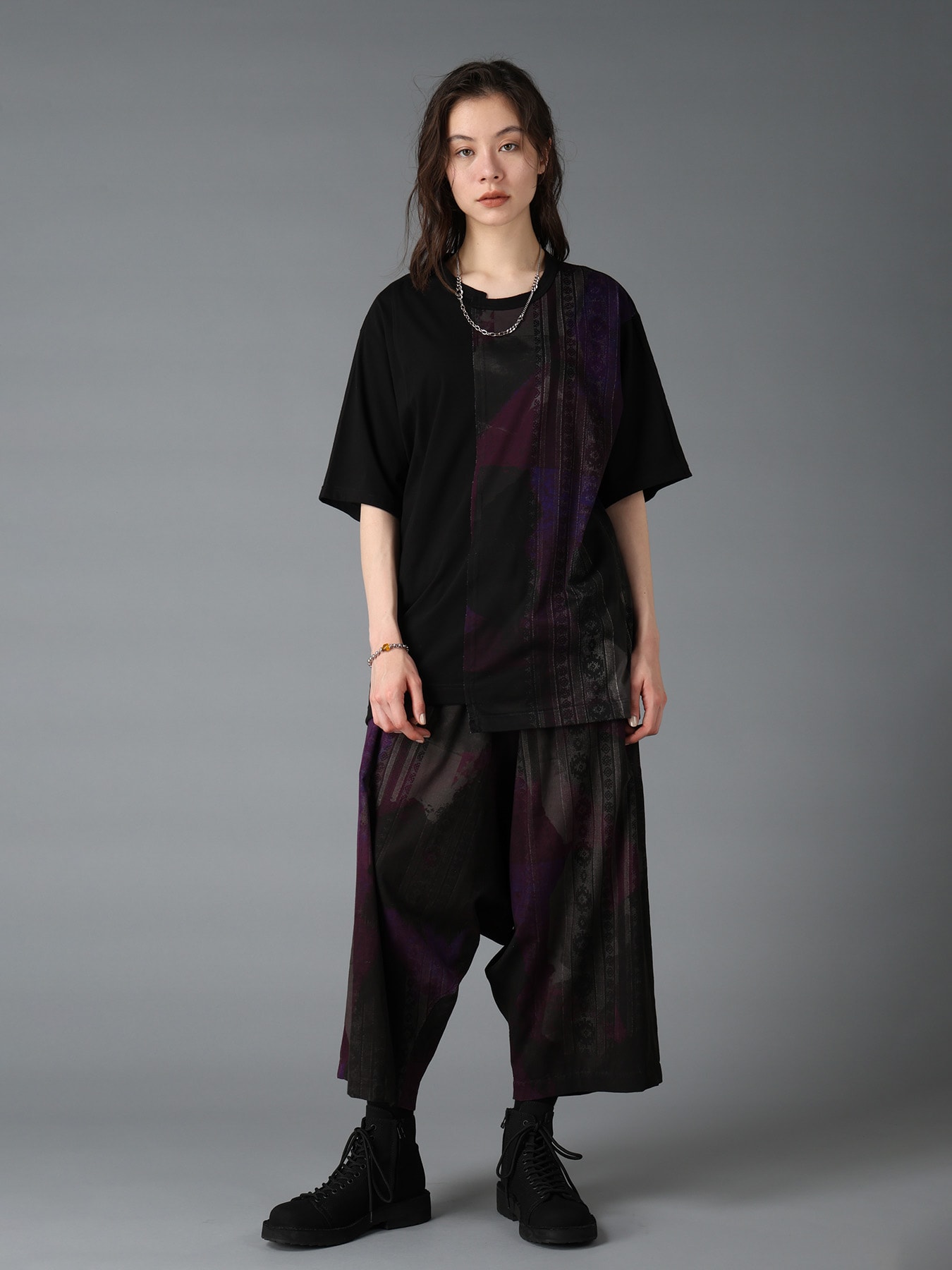 PURPLE STRIPE+COTTON JERSEY CUT-OFF SHORT SLEEVED T