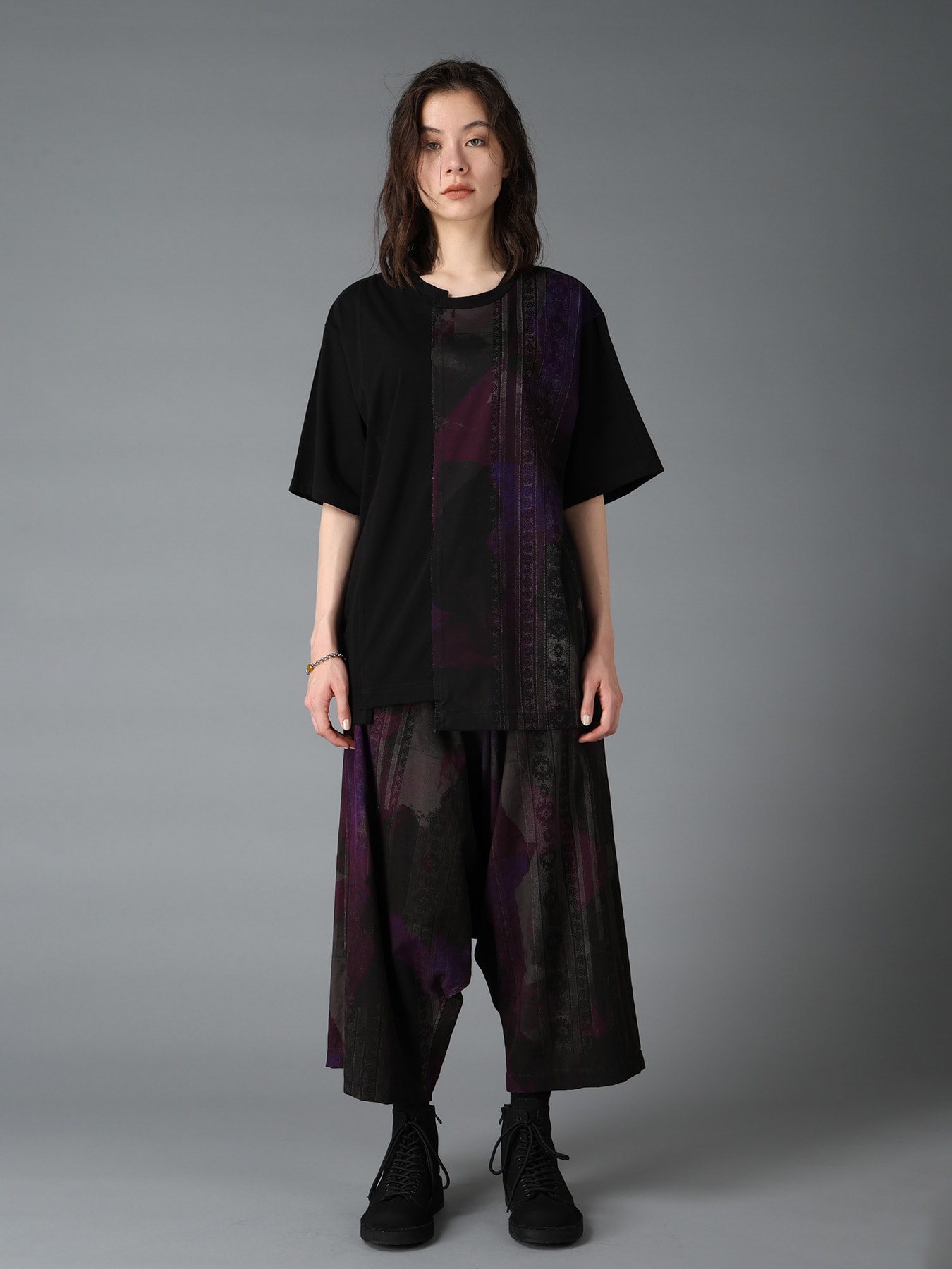 PURPLE STRIPE+COTTON JERSEY CUT-OFF SHORT SLEEVED T