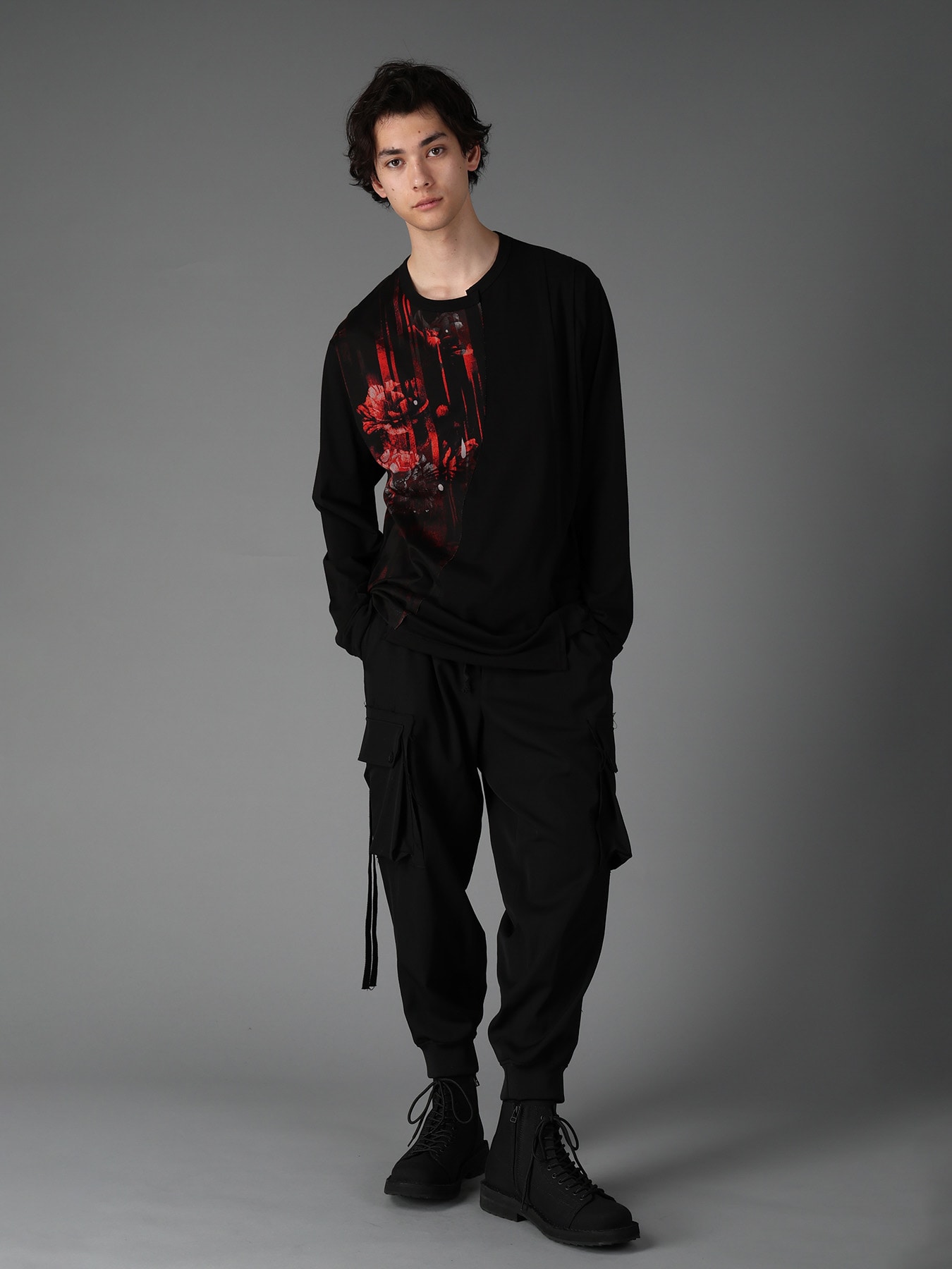 FLORAL STRIPED & COTTON JERSEY CUT-OFF LONG-SLEEVED T-SHIRT